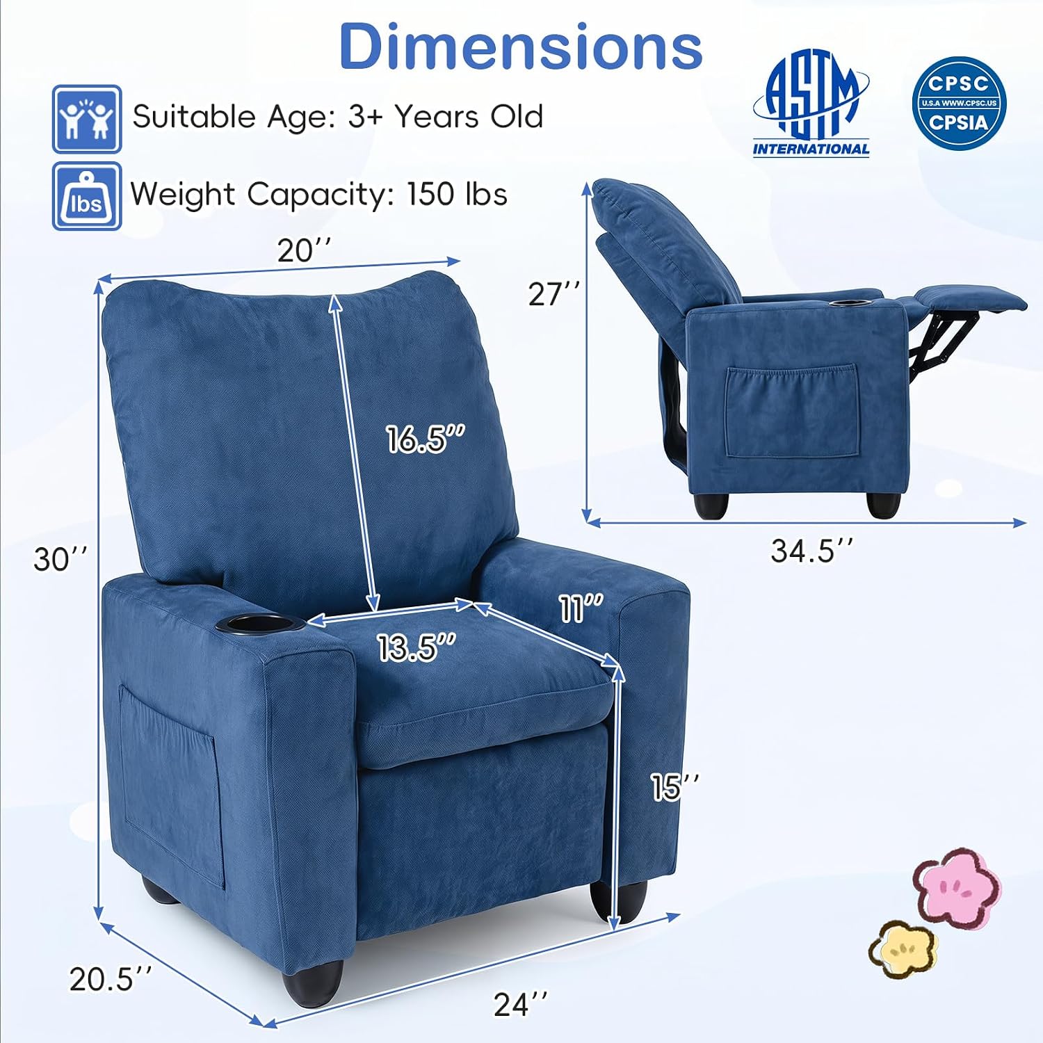 Costzon Kids Recliner Chair with Cup Holder, Toddler Adjustable Lounge Chair w/Footrest for Boys Girls Room, Ergonomic Baby Child Furniture Sofa for Age 3+ Gifts, Kids Mini Recliner up to 150 lbs