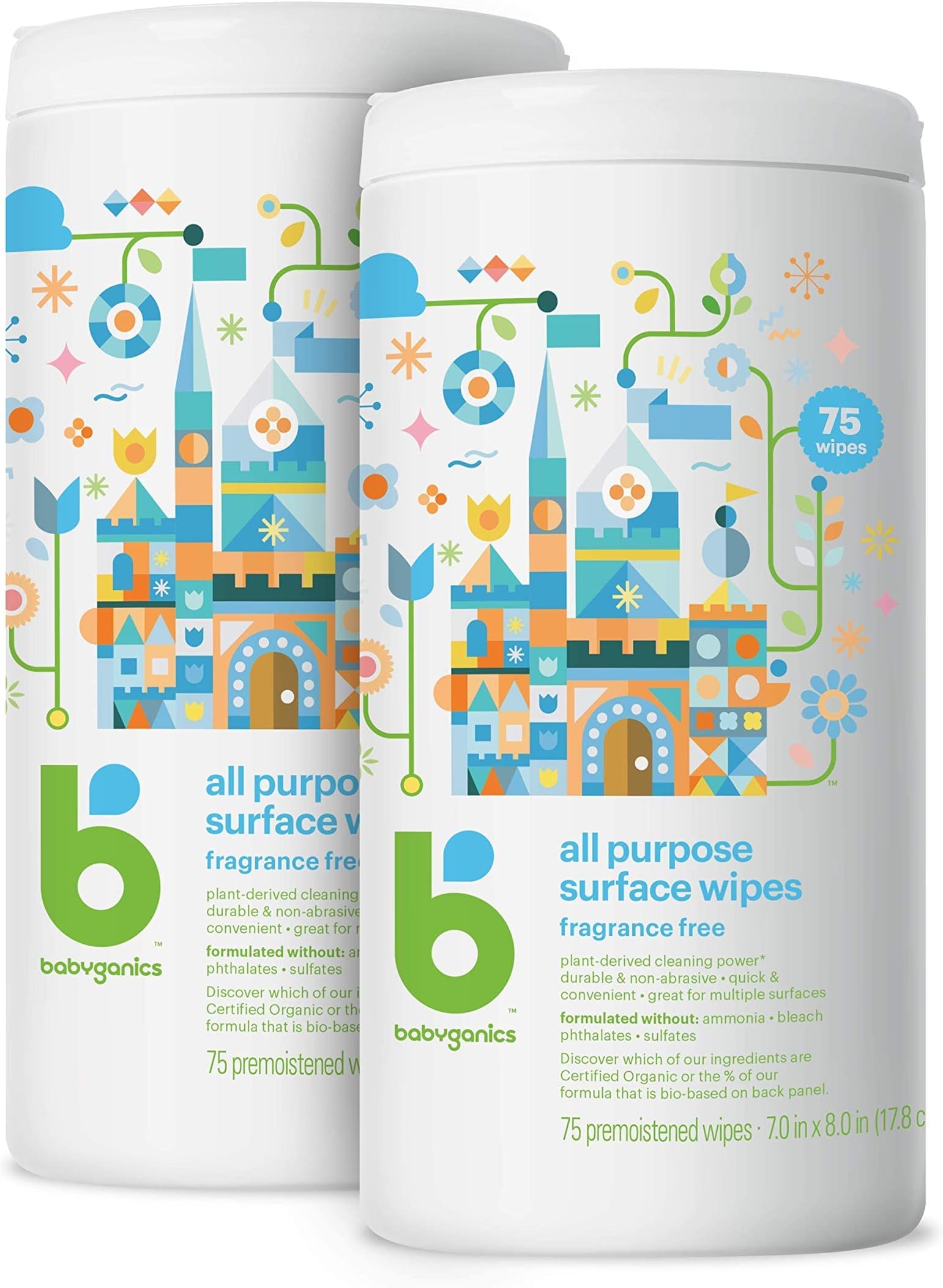 Babyganics All Purpose Surface Wipes, Fragrance-Free, 75 Count and Non-Abrasive, No Ammonia, No Bleach (Pack of 2)
