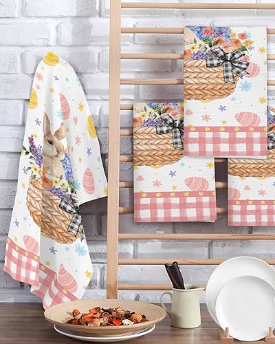 Miniatura 2 de Juego de 2 toallas de cocina de algodón con tejido de gofre, huevos de Pascua, cesta de flores de conejito rosa a cuadros de 16 x 24 pulgadas,