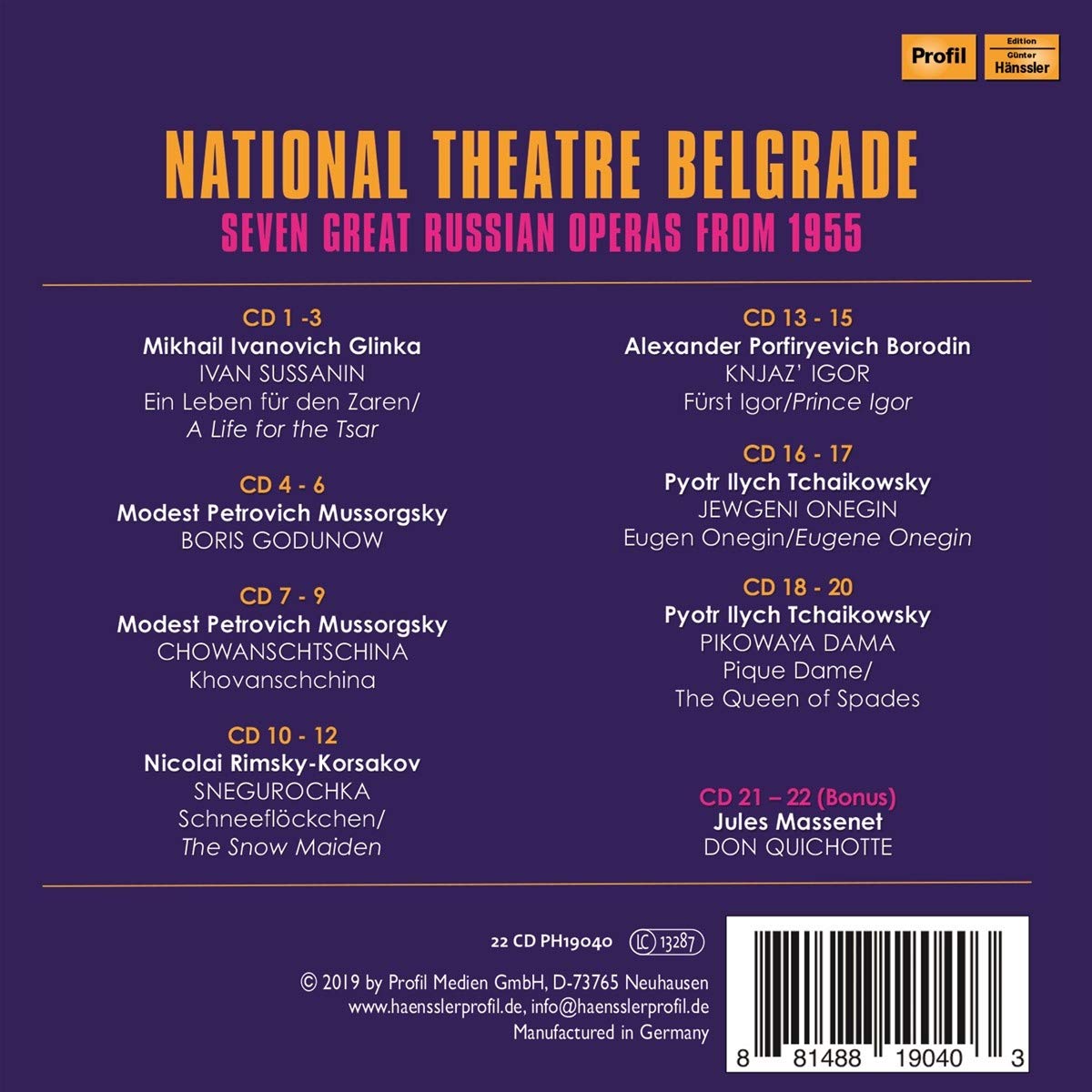 Great Russian Operas // Glinka: Ein Leben für den Zaren, Mussorgsky: Boris Godunov, Rimsky-Korsakov: Schneeflöckchen, Borodin: Fürst Igor, Tschikovsky: Eugen Onegin
