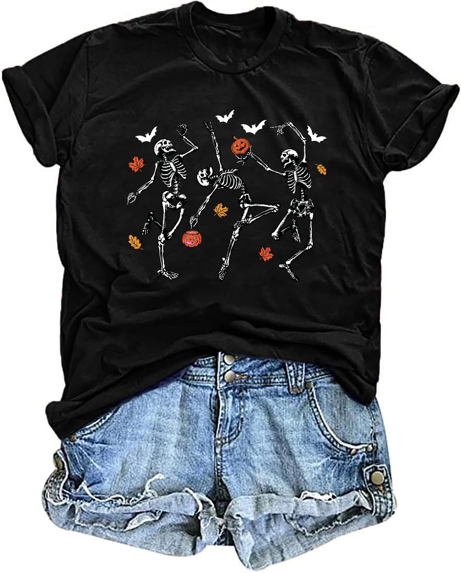 Dancing Skeleton Shirt for Women Happy Halloween T-Shirt Funny Skeleton Graphic Tees Tops Blouse Gift