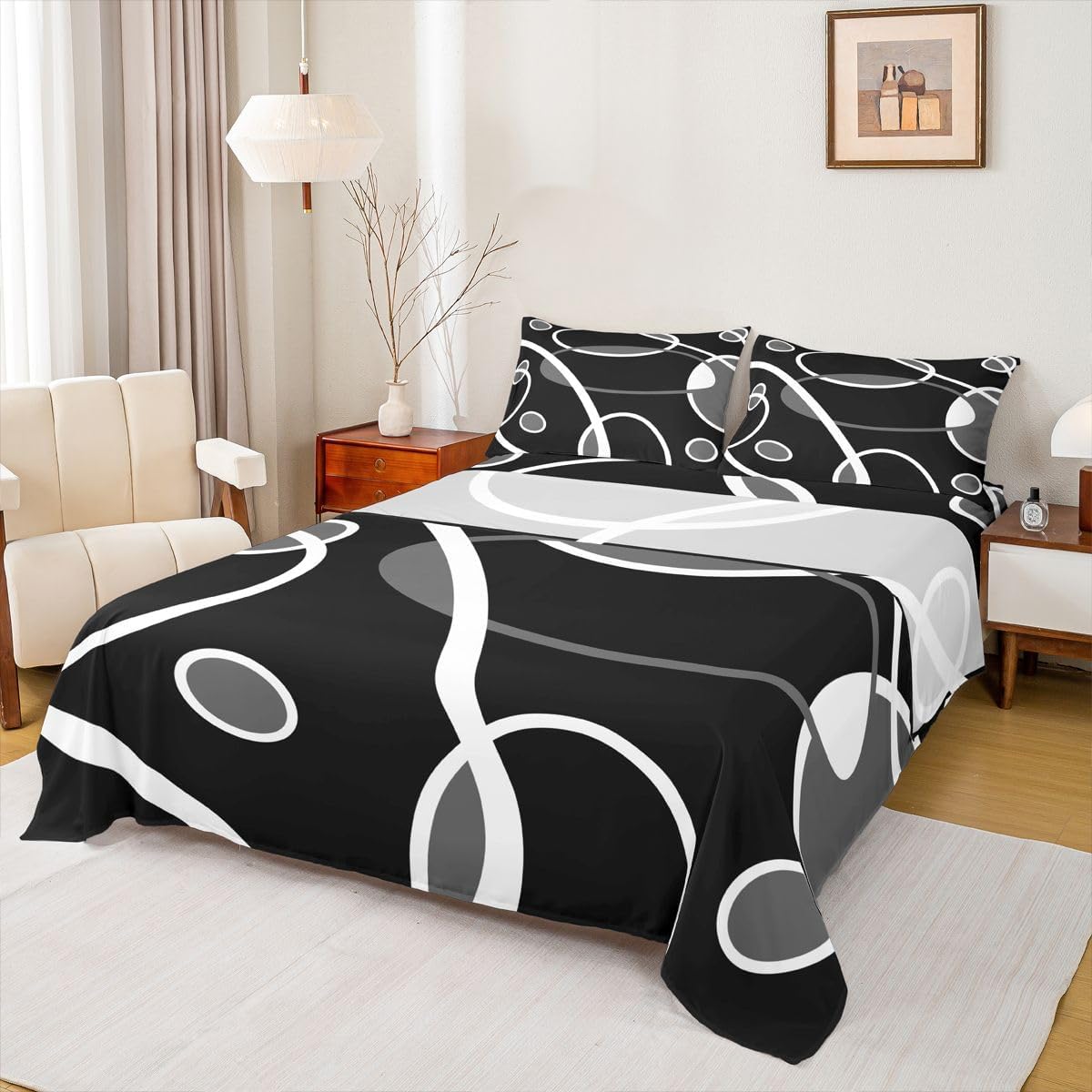 Feelyou Kids Grey and Black Sheet Set Queen Size Strip Lines Bed Sheets Set for Boys Girls Teens Bedroom Geometric Sheets with Deep Pocket Fitted Sheet Abstract Art Bedding Set with 2 Pillow Cases
