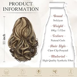 SOFEIYAN Ponytail Extension 11 inch Claw Clip Ponytail Hair Extensions Long Curly Wavy Ponytail Fluffy Clip on Pony Tails Synthetic Hairpiece for WomenAsh Brown Highlighted Bleach Blonde