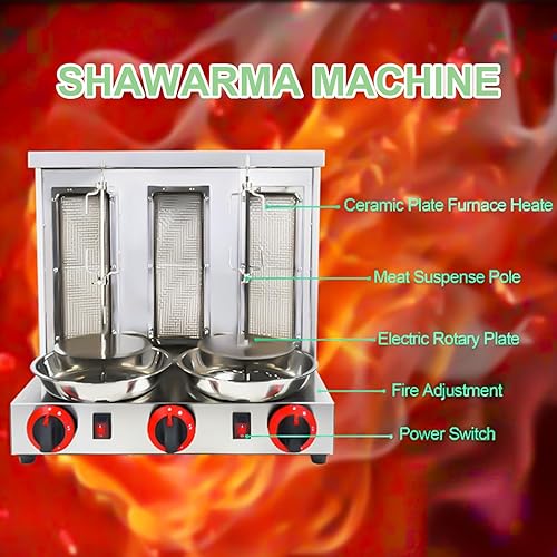 Miniatura 3 de Máquina Shawarma XGN Parrilla de Kebab Vertical Asador Giratorio con 3 Quemadores y 2 Espetos Giratorios Automáticos para Rosticería de Carne, Asado