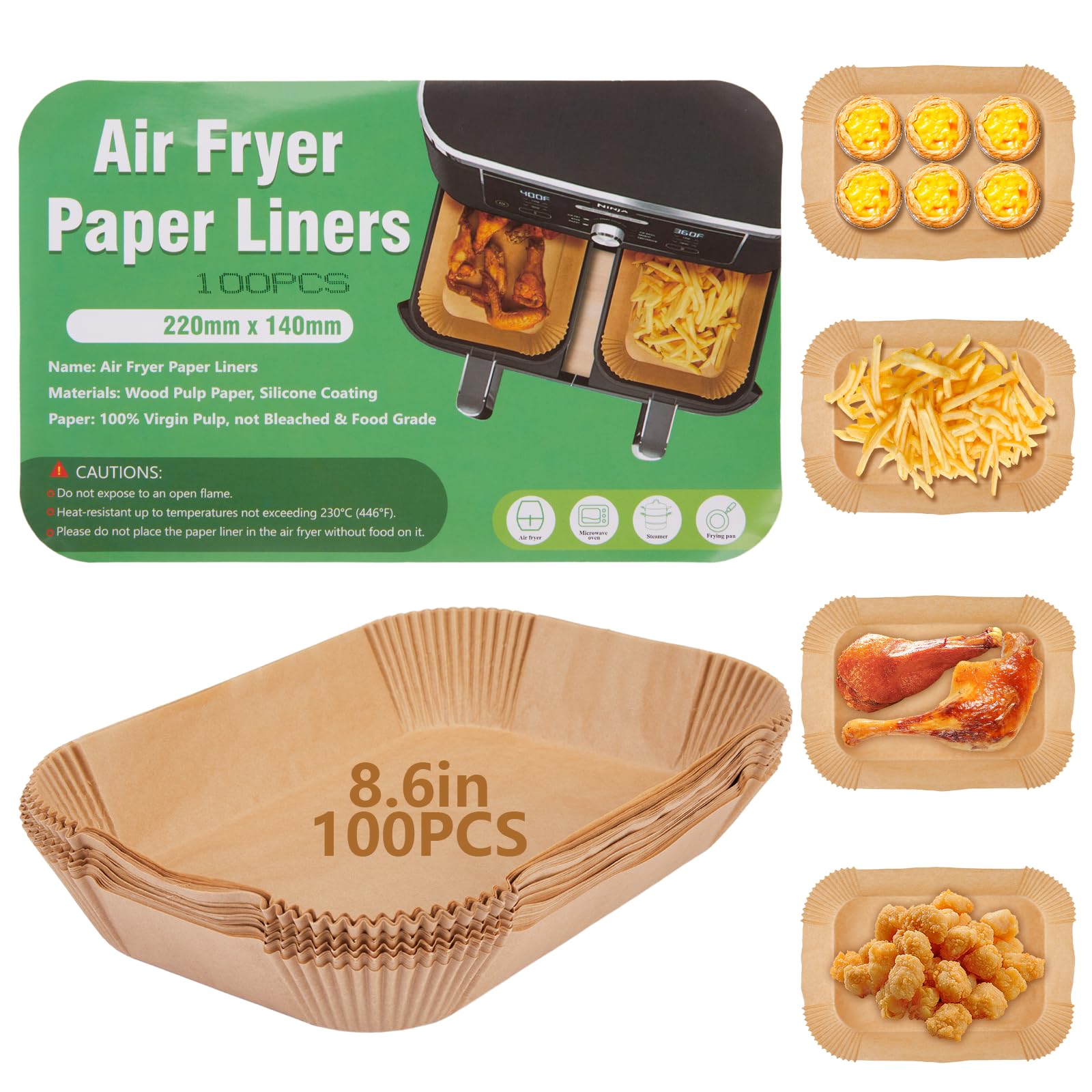 Air Fryer Disposable Paper Liners for Ninja Dual Airfryer, Non-Stick Parchment Paper Rectangular, Air Fryer Accessories, Oil Proof, Water Proof, Paper Liner for Microwave Oven (100PCS, 8.6in x 5.5in）-image-10