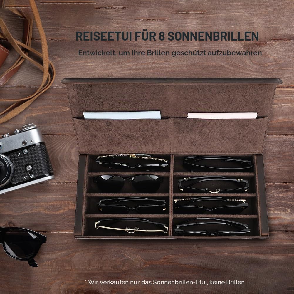Contacts Brillenbox aus Leder für Herren/Damen, 2/4 Sonnenbrillenhalter, Reiseetui, Brillen-Organizer mit Mikrofaser-Futter und Reinigungstuch-Schlitz