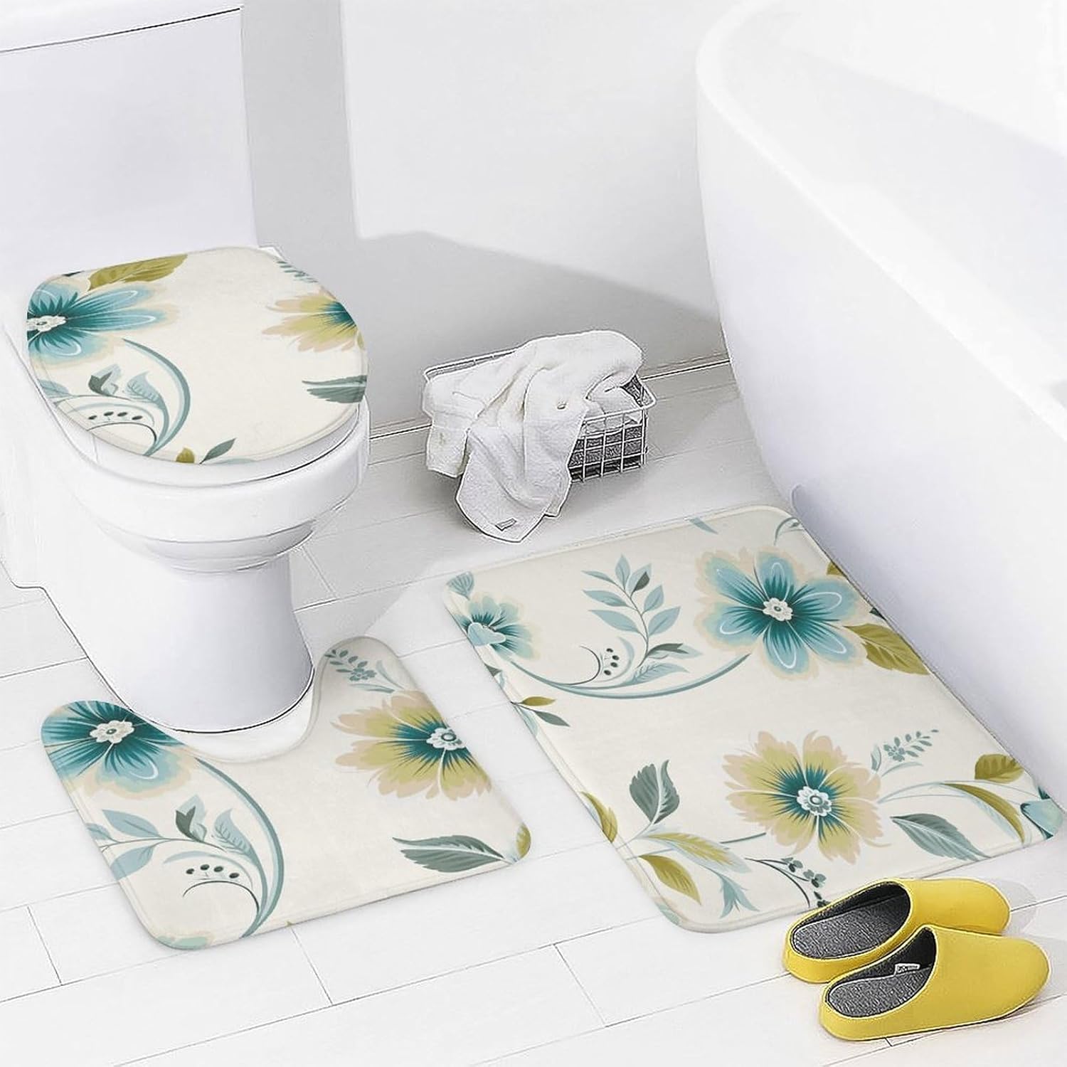 Four Piece Bathroom Set with Toilet Lid Cover and Non-Slip Rugs Minimalist Shower Curtain for Bathroom Set