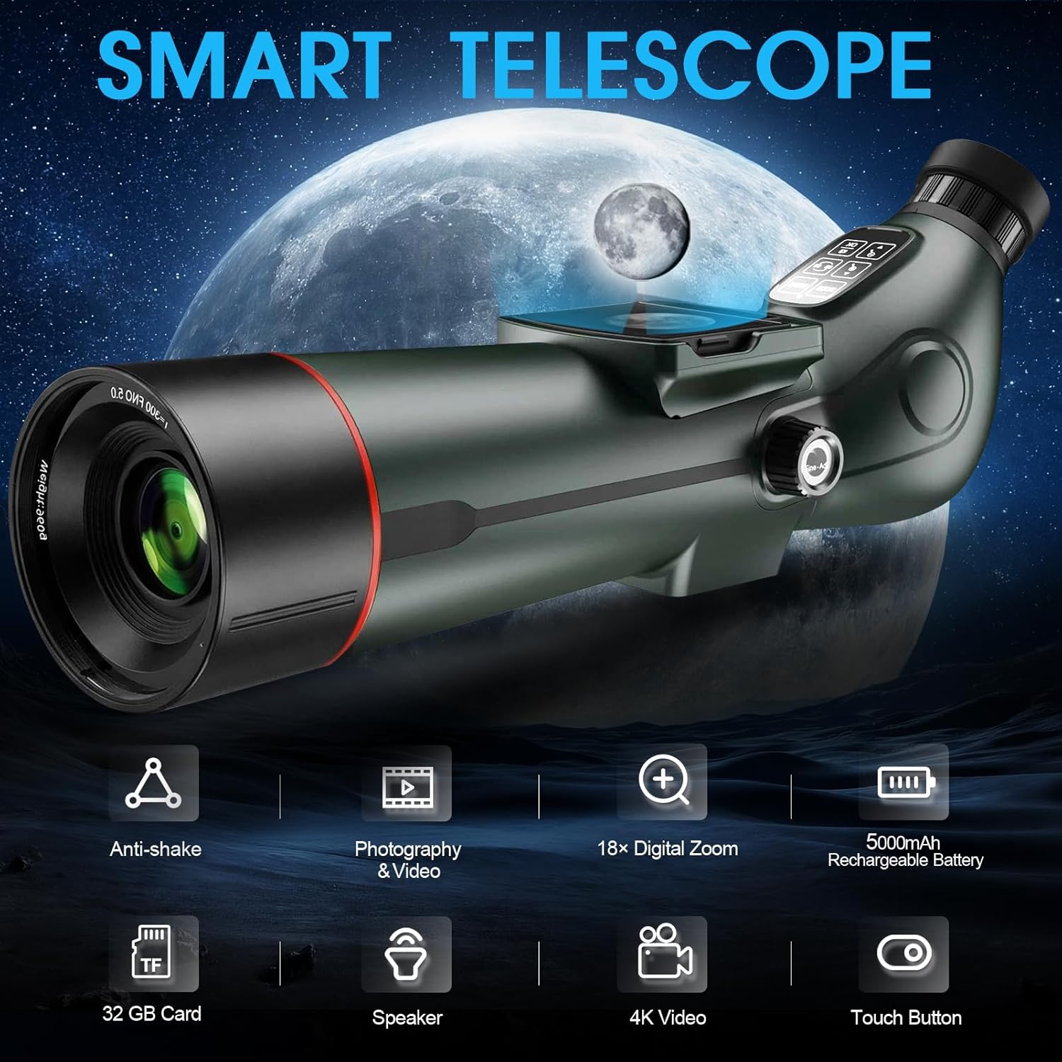 Smart Telescope Professional Refractor Auto-Focus Portable Digital Electronic Telescopes for Adults High Powered with 32GB SD Card