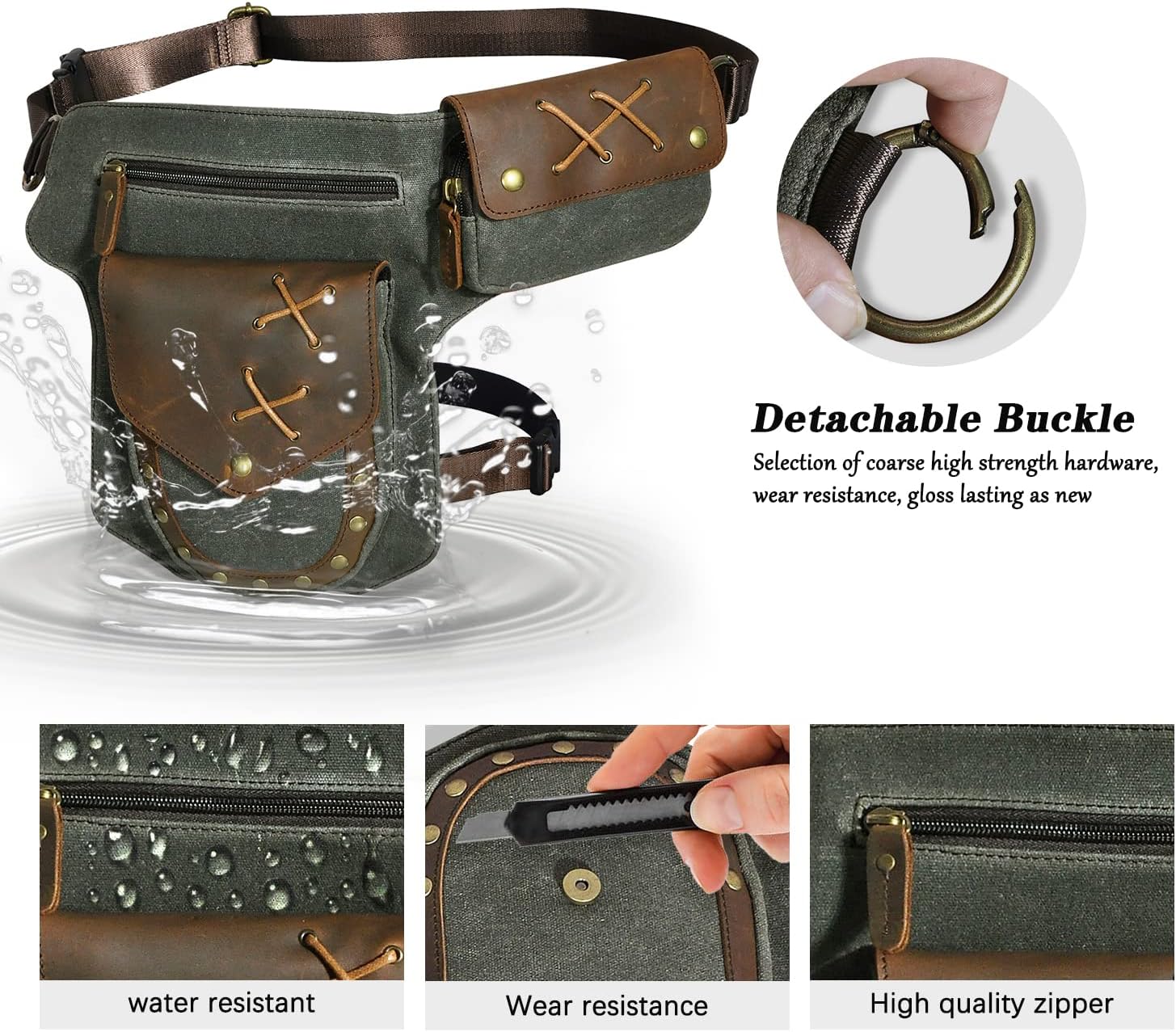 Water Resistant Canvas Plus Leather Motorcycle Fanny Waist Pack One Shoulder Drop Leg Thigh Bag For Men Women N211-8 (The Army Green) - Image 5