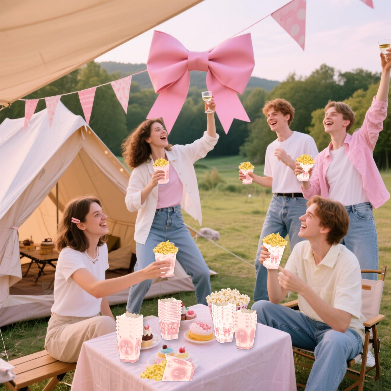 24 Pcs Pink Bow Popcorn Boxes Bow Party Favor Bags Popcorn Bags Coquette Bow Goodie Bags Bow Candy Bags for Girls Birthday Baby Shower Bachelorette Graduation Party Supplies