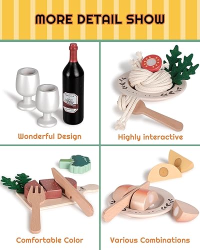 Miniatura 5 de RRIBOUDWAN Juguetes de madera para niños, juego de cocina incluye cuatro tipos de carne, pasta, ensalada de verduras y vino, juguetes para el