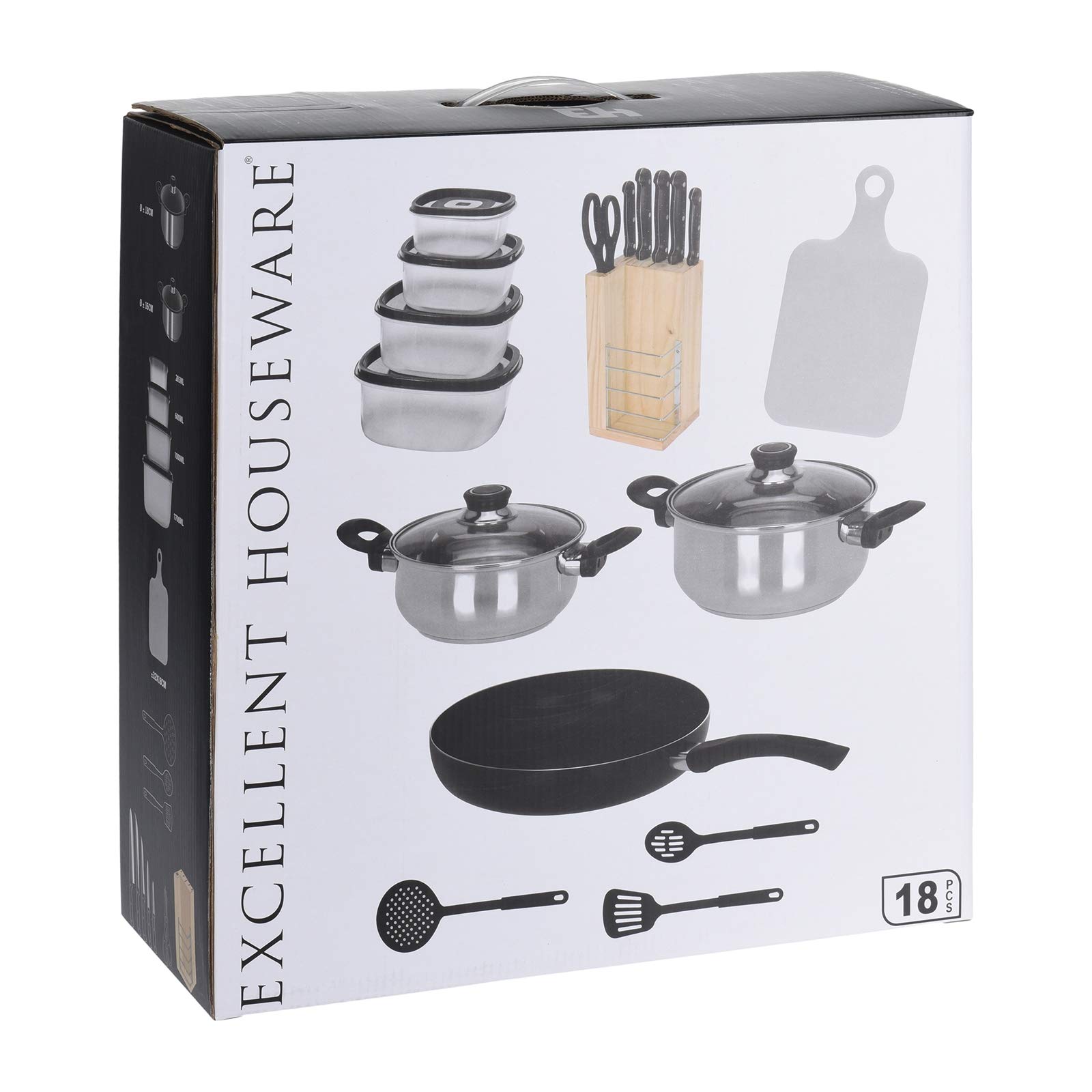 HTI-Living - Juego de utensilios de cocina para principiantes, 17 piezas, sartén, cuenco, cuchillo, abridor de latas, prensador, tijeras, bloque de cuchillos, cucharón, colador