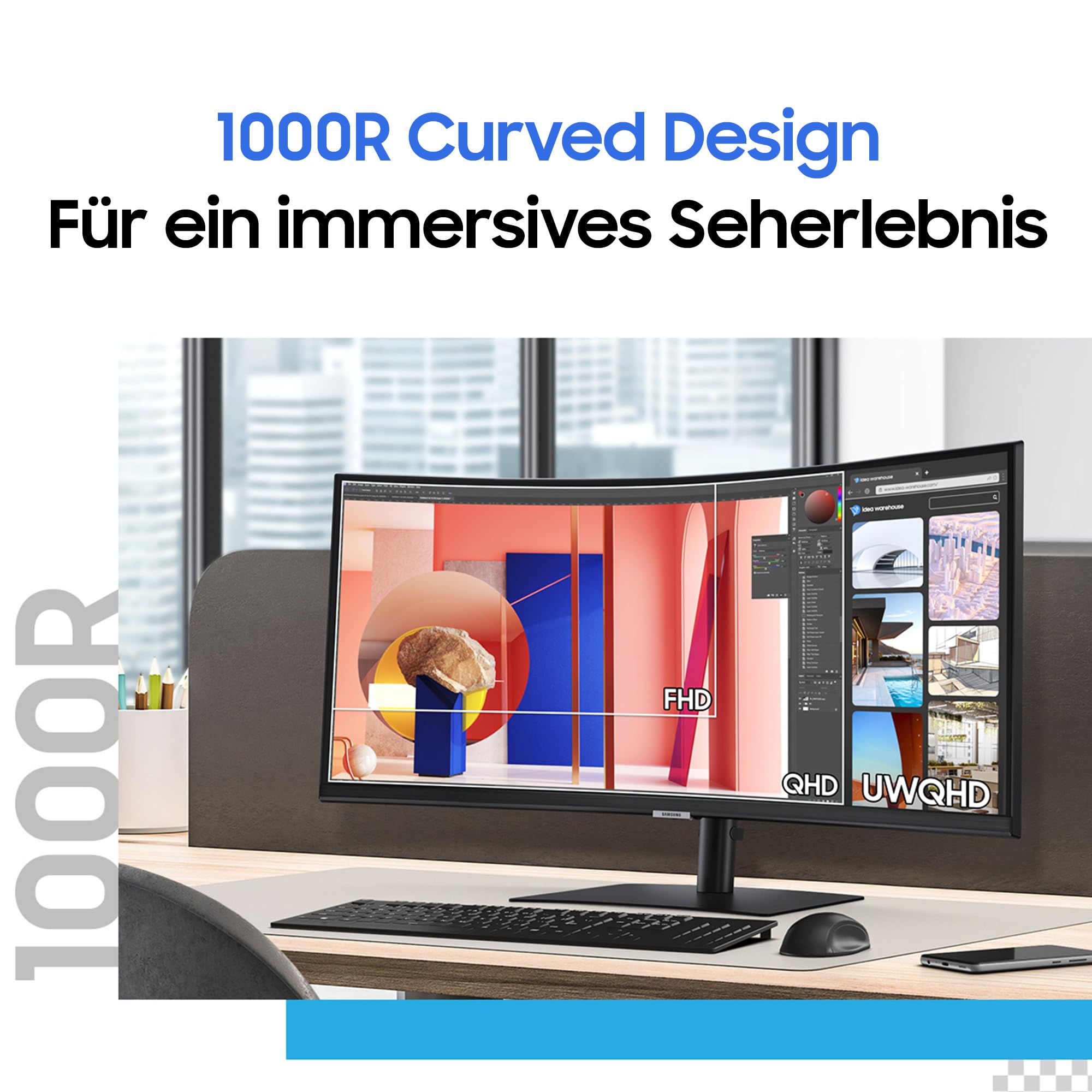 Samsung ViewFinity S65VC Curved Monitor 34 Zoll VA-Panel HDR10 3440x1440 AMD FreeSync 100Hz USB-C 90W Pivot