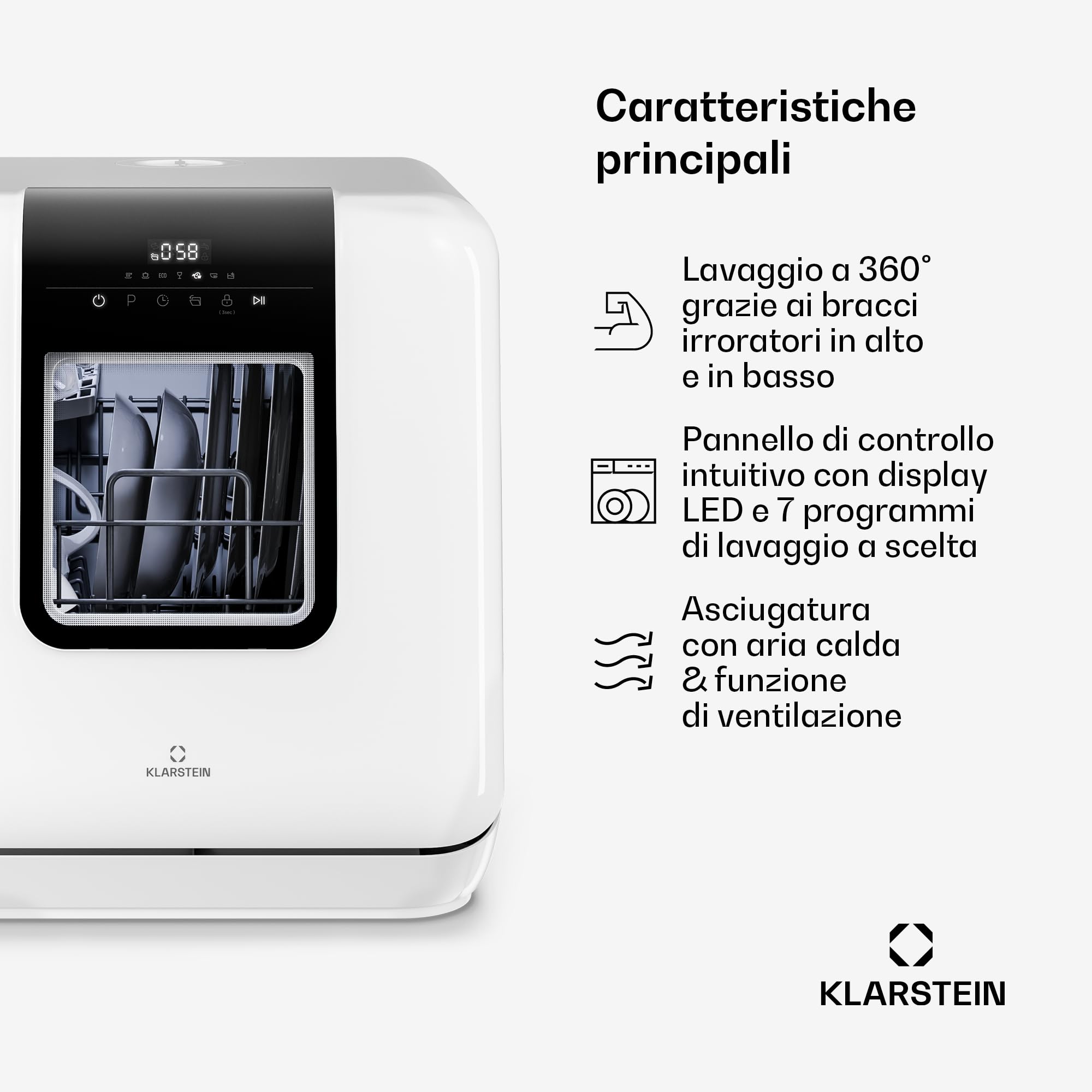 Klarstein Melville Lavastoviglie da tavolo - Lavastoviglie compatta per 3 coperti, 7 programmi, 6 L di acqua, AquaStop, design portatile