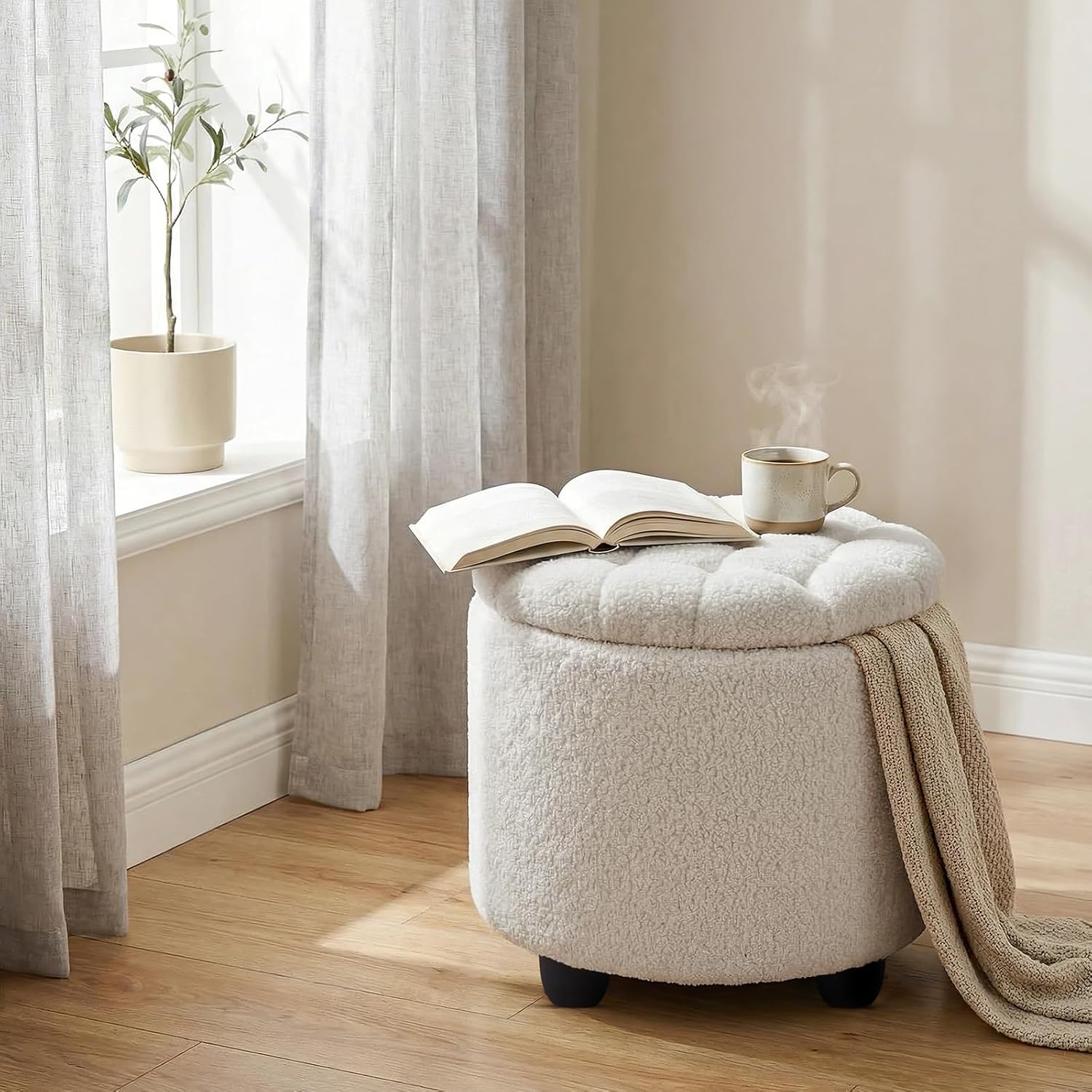 Furniliving Modern Round Storage Ottoman,Button Tufted Ottoman Footstool Ottomans with Removable Lid Storage Stool for Living Room, Bedroom, Makeup Room, Faux Fur, White - Image 7