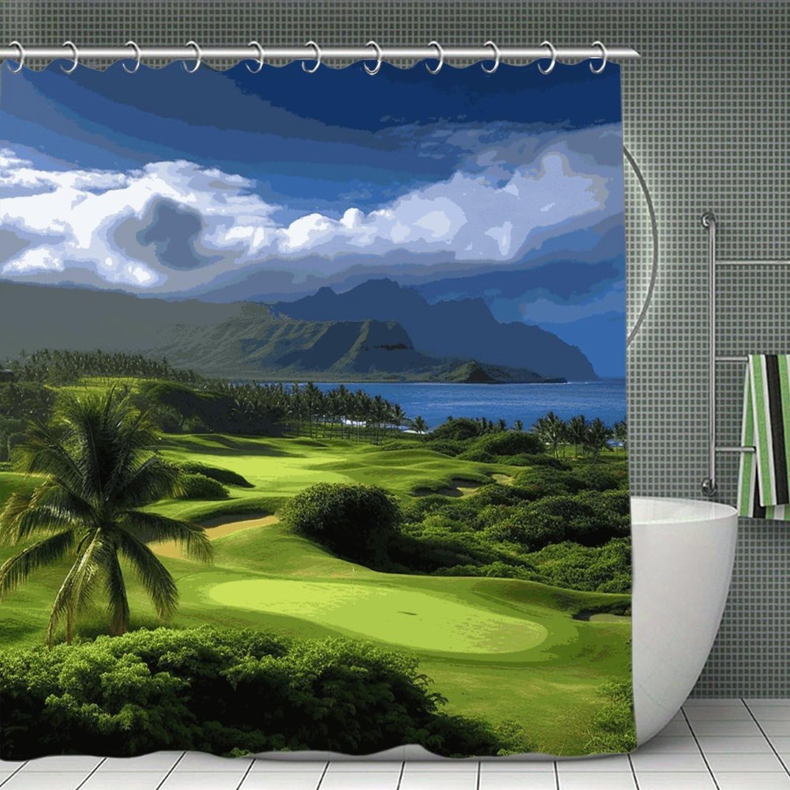 FekiLoot Scenic Hawaii Golf Tropical Shower Curtain Thick Weighted Shower Curtain Classic Unique Bath Curtains Heavy Duty Long Showers Curtains for Bathroom Bath Tubs Machine Wash 70.8"x70.8"