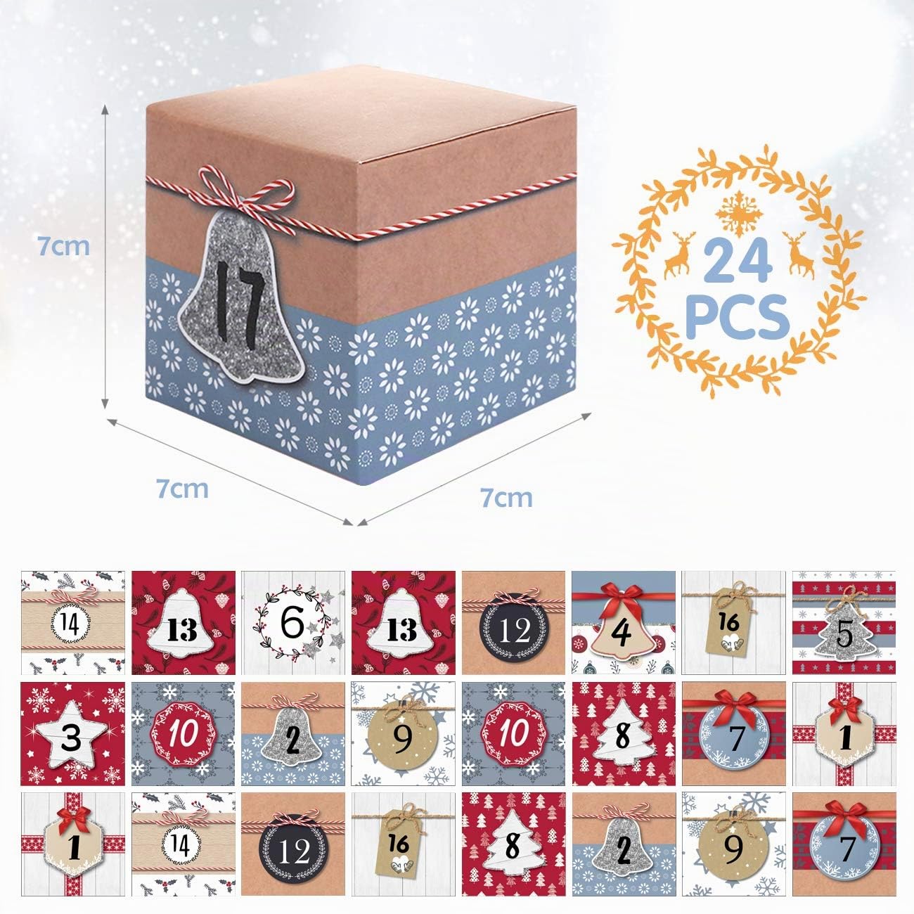 LIHAO Calendrier de l'avent à Remplir Soi Meme Calendrier de l'avent Vide 2024 24 Boîtes Sacs de Papier Kraft pour Cadeau Noël Homme Femme Fille Enfant- 7 x 7 x 7 cm