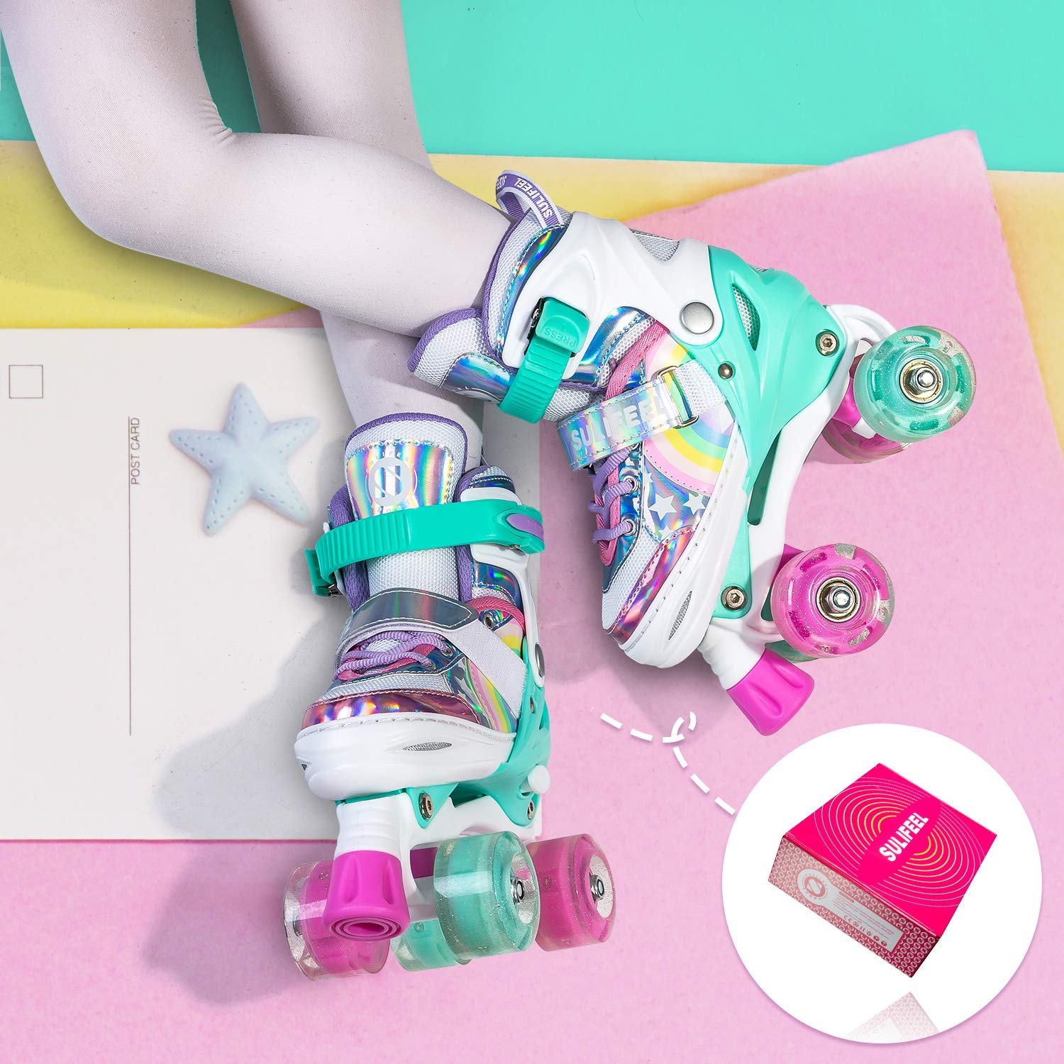 SULIFEEL Rainbow Unicorn Adjustable Roller Skates for Kids with Light