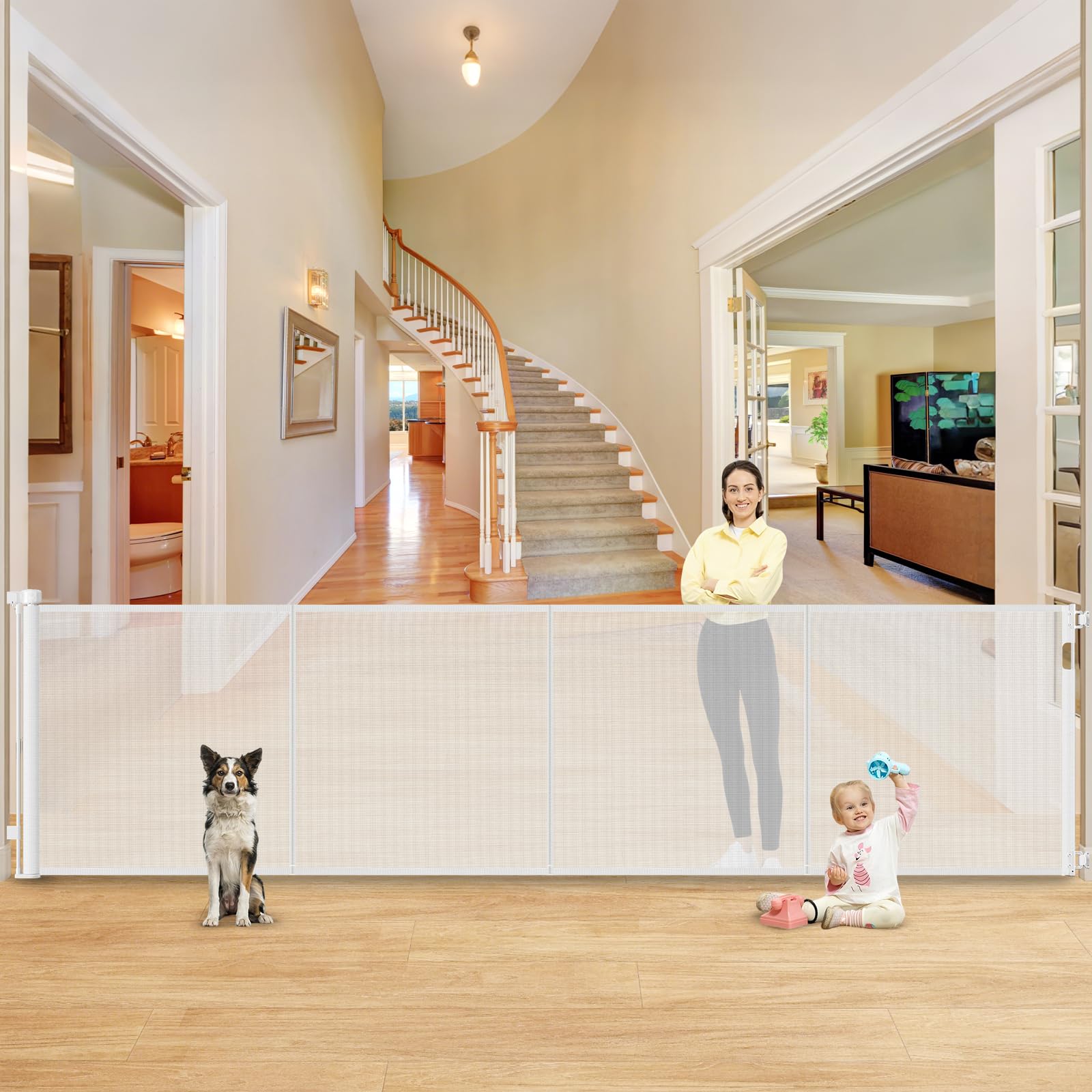 Reinforced 42” Extra Tall X 159” Extra Wide Retractable Gate Indoor Prevent Kids and Pets from Getting Through Tall Retractable Baby Gates for