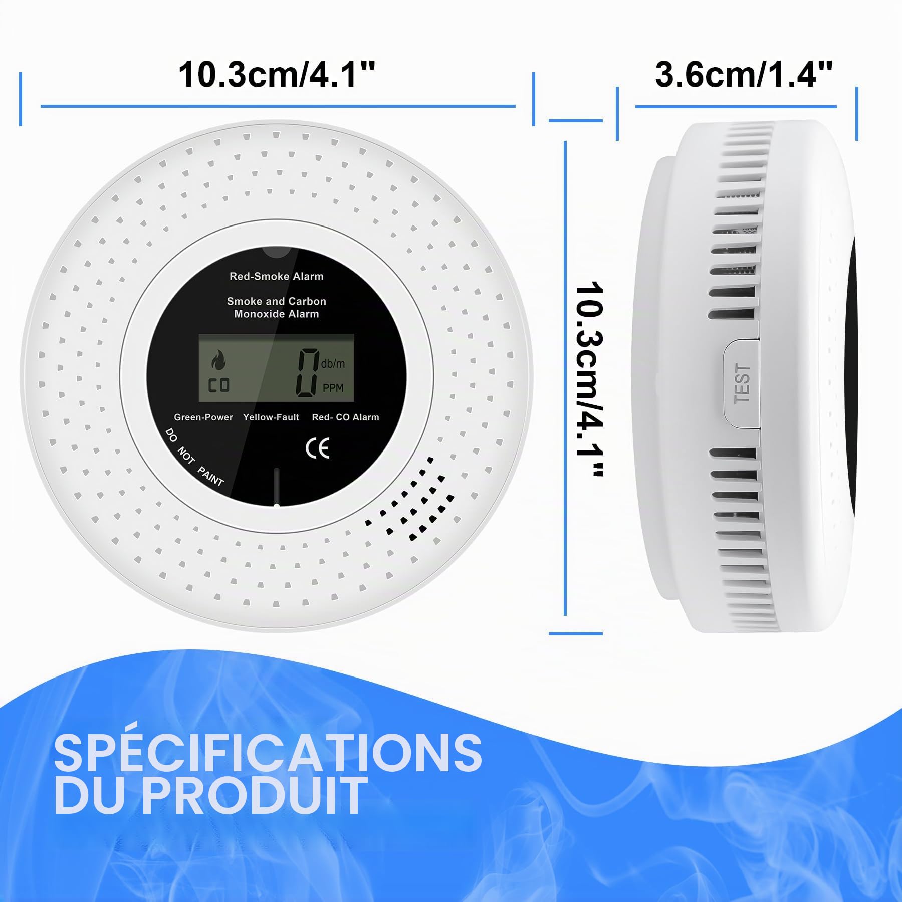 Détecteur de fumée et de monoxyde de carbone sans fil interconnecté, Détecteurs de fumée et détecteurs de monoxyde de carbone avec affichage LCD en temps réel, durée de vie de 10 ans,2 pièces