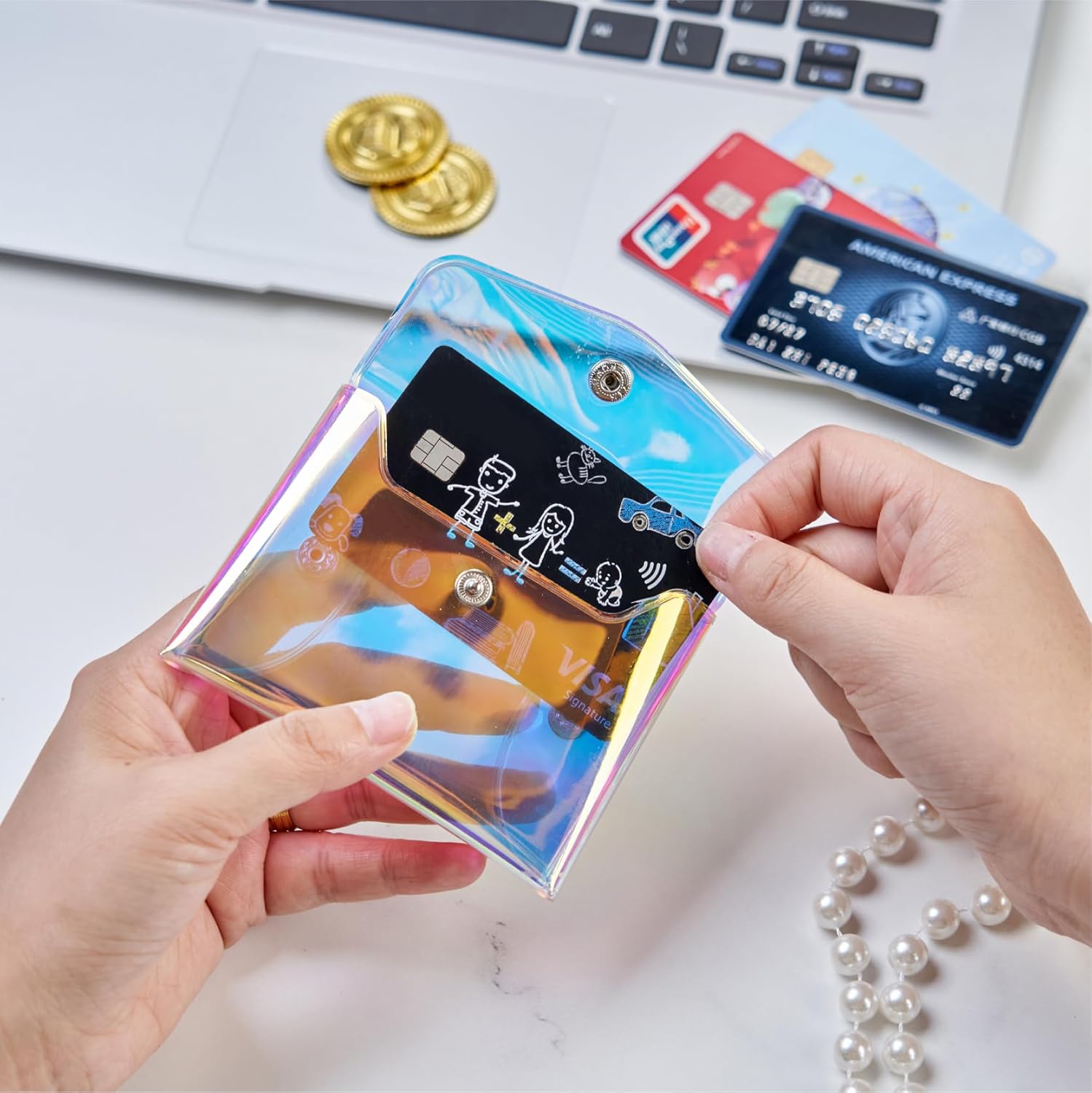 Plastic Clear Coin Purse Pouch cash envelope Wallet,2 Pcs Different Size Holographic Minimalist Iridescent Small Slim Portable Laser Fantasy Storage Card Bag Pouch for Teen Girls Kids Women - Image 4