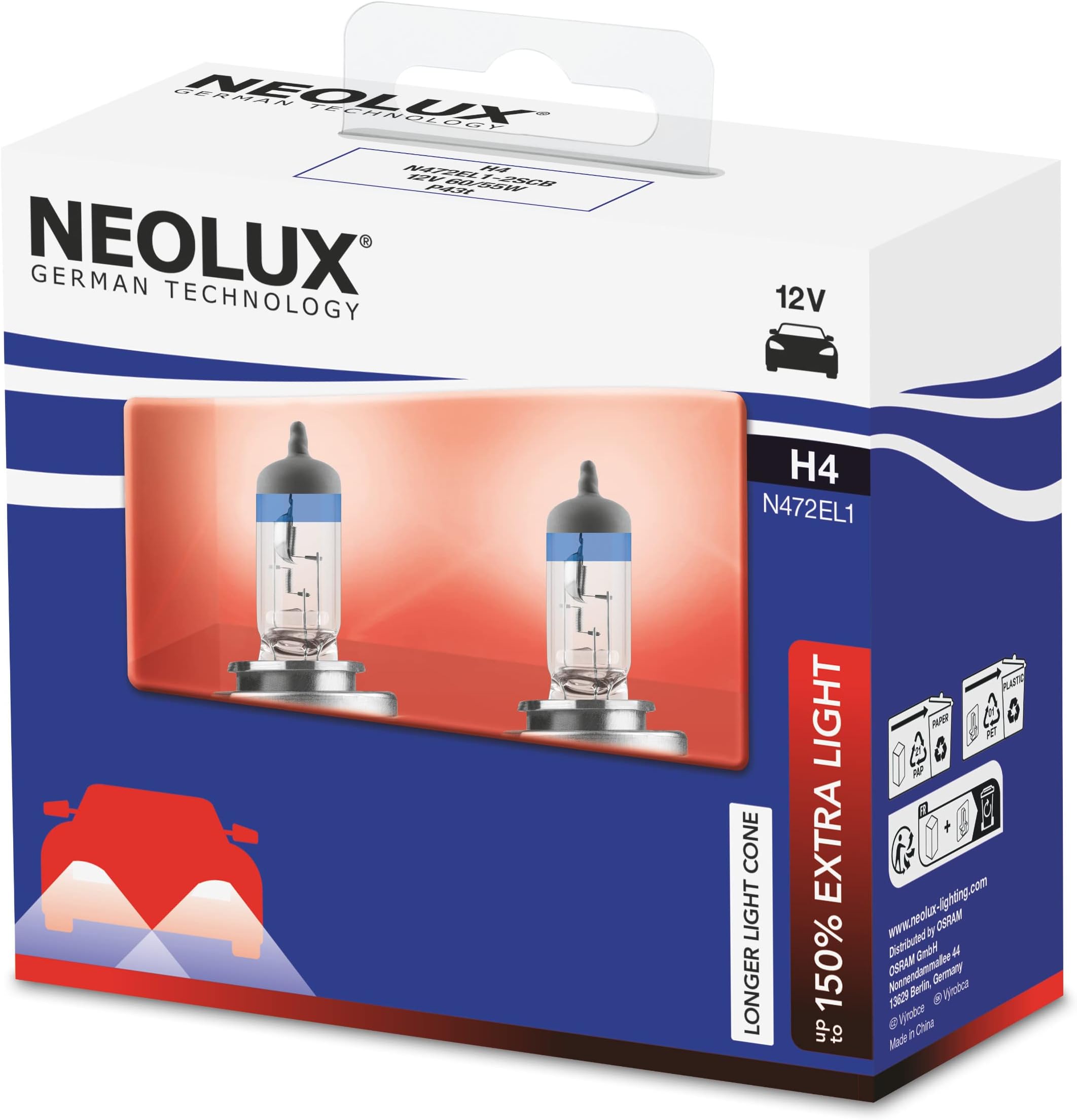 NEOLUX 150% Extra Light H4, halogen headlights, N472EL1-2SCB, 12 V, 60/55 W, softcover box (2 lamps)