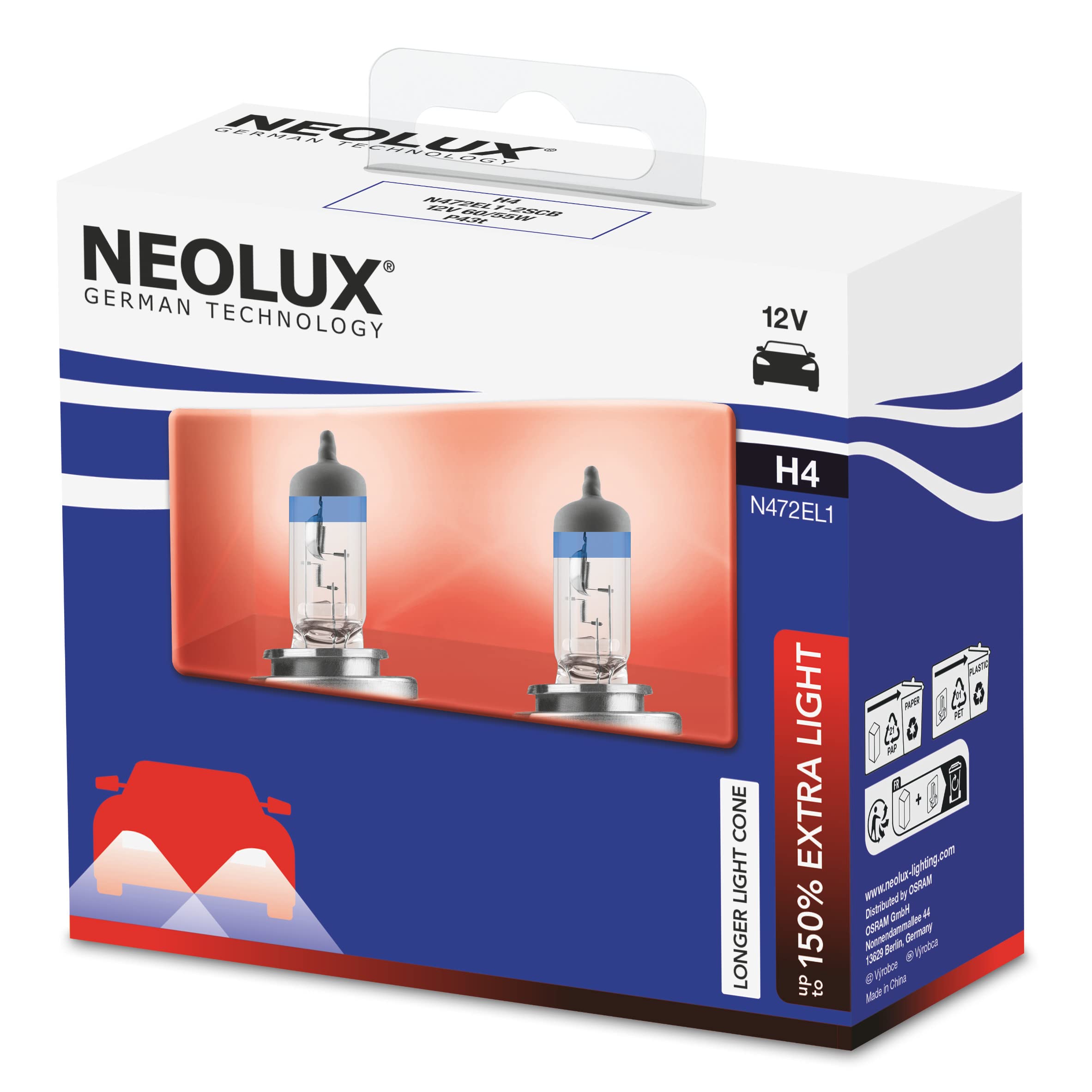 NEOLUX 150% Extra Light H4, halogen headlights, N472EL1-2SCB, 12 V, 60/55 W, softcover box (2 lamps)