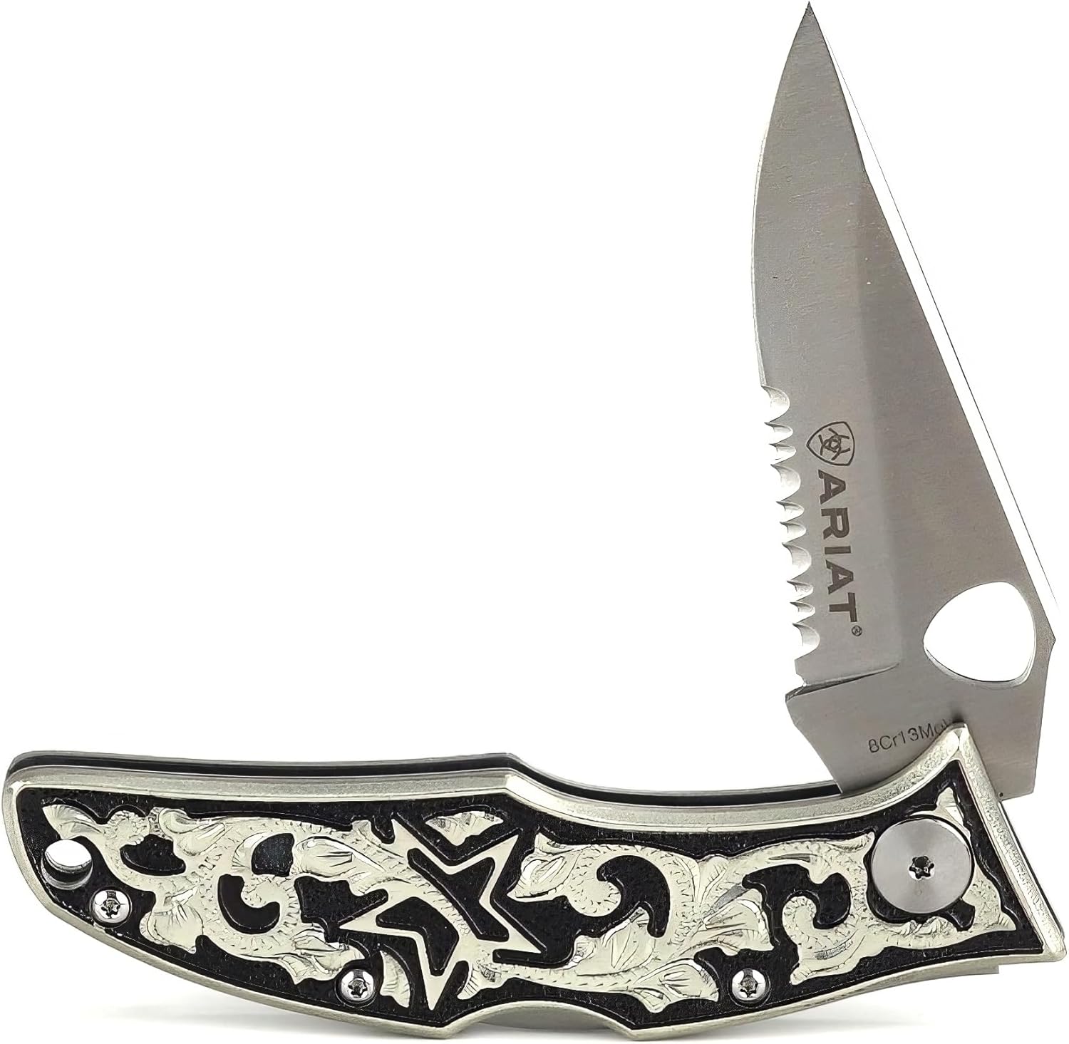 ARIAT Medium German Silver Folding Knife, Black/Silver Handle - Engraved Western Design