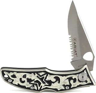 ARIAT German Silver Engraved Hybrid Blade Folding Knife, Black/Silver, 2.5" Blade (Small)