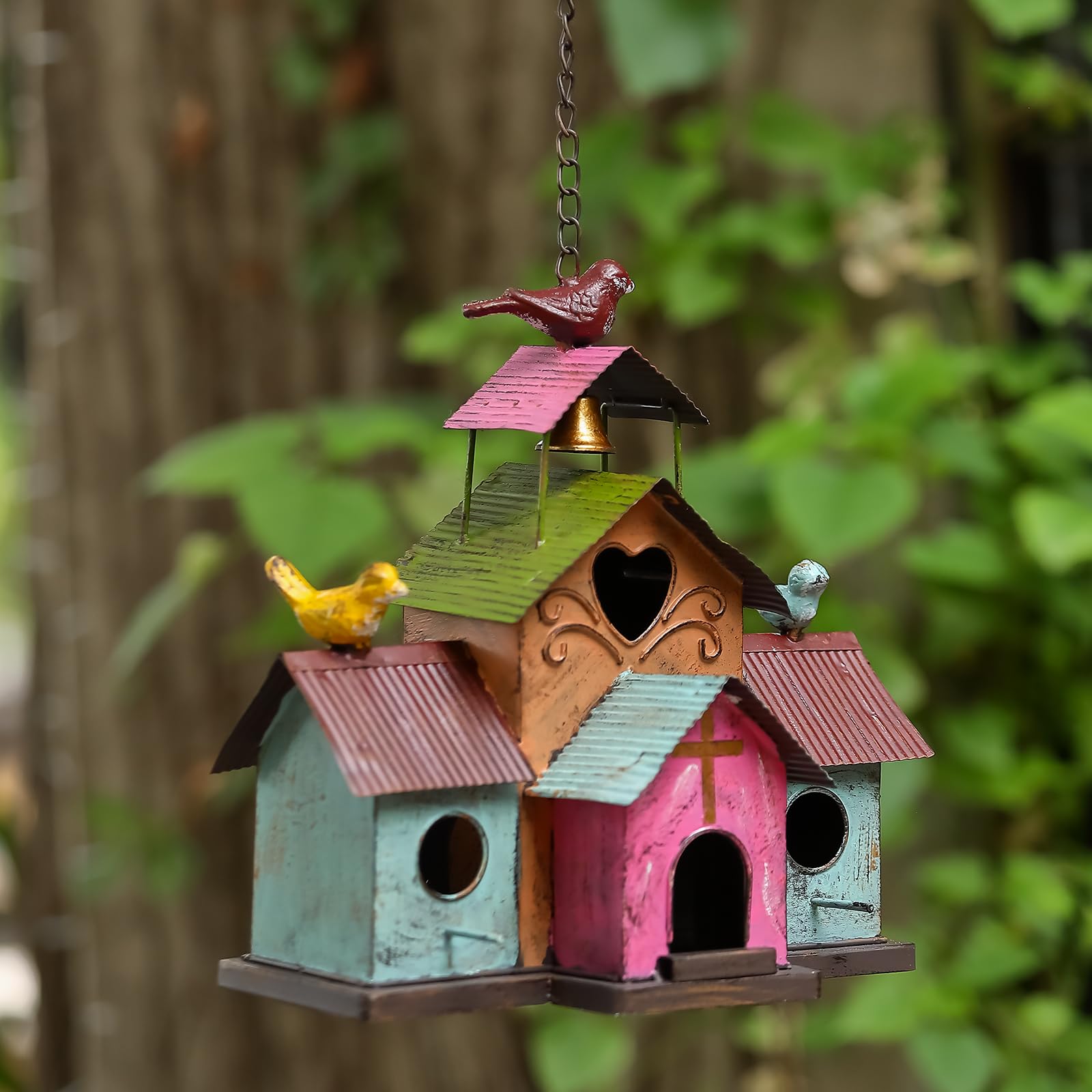 MOCOME Large Bird Houses for Outside Hanging, 4 Hole Outdoor Bird House with Bell, Easy Clear, Colorful Metal Bird Houses for Outside.