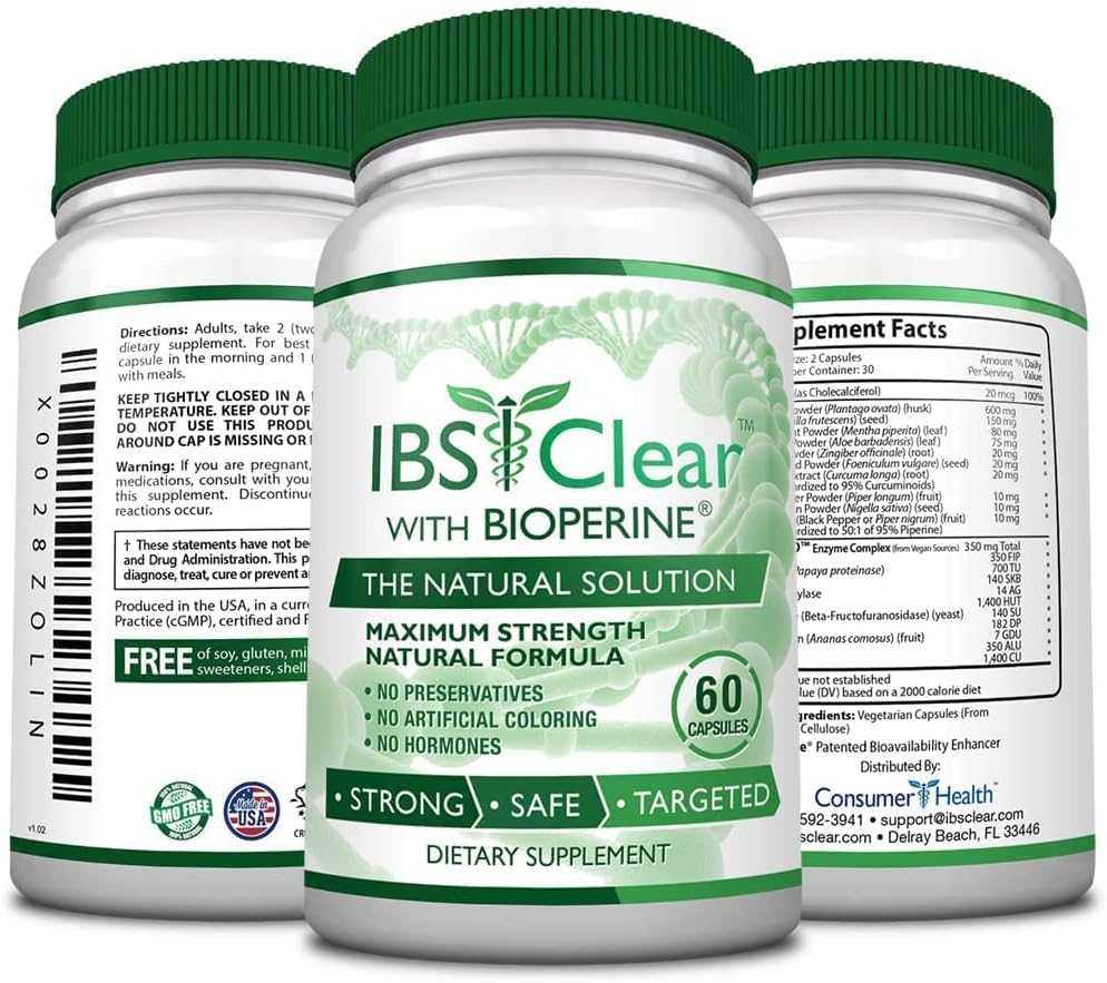 IBS Clear™ - 100% Natural IBS Relief with Vitamin D, Psyllium Husk, Fennel. 60 Vegan Friendly Capsules - 1 Bottle