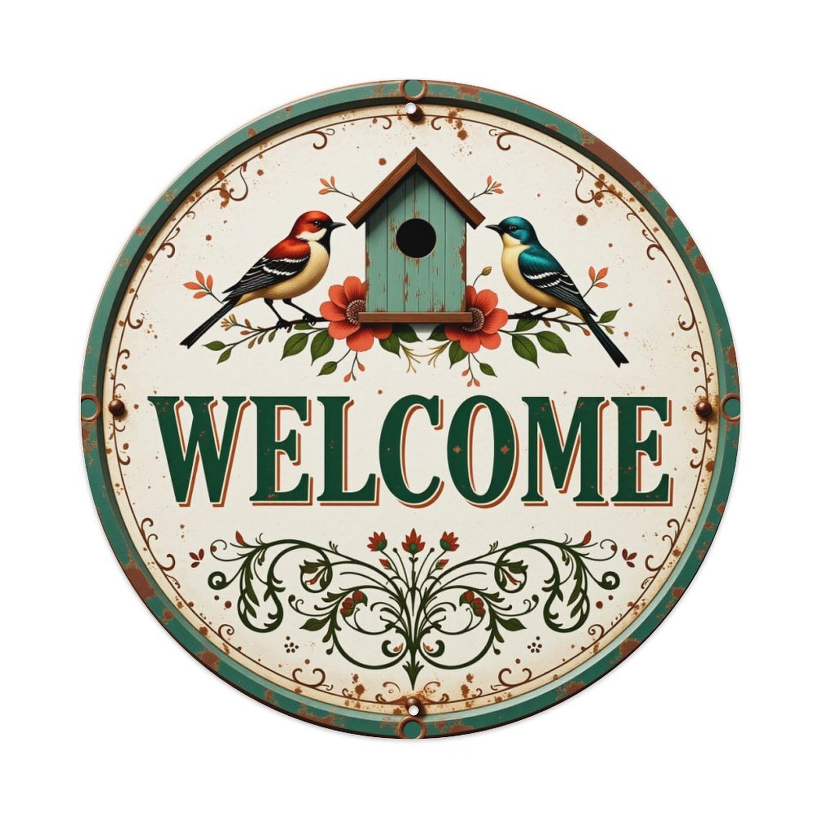 Birdhouse Floral Welcome Sign Art Round Tin Sign Vintage Metal Poster, Home Bar Garage Man Cave Cafe Indoor & Outdoor Wall Decoration 8x8Inches