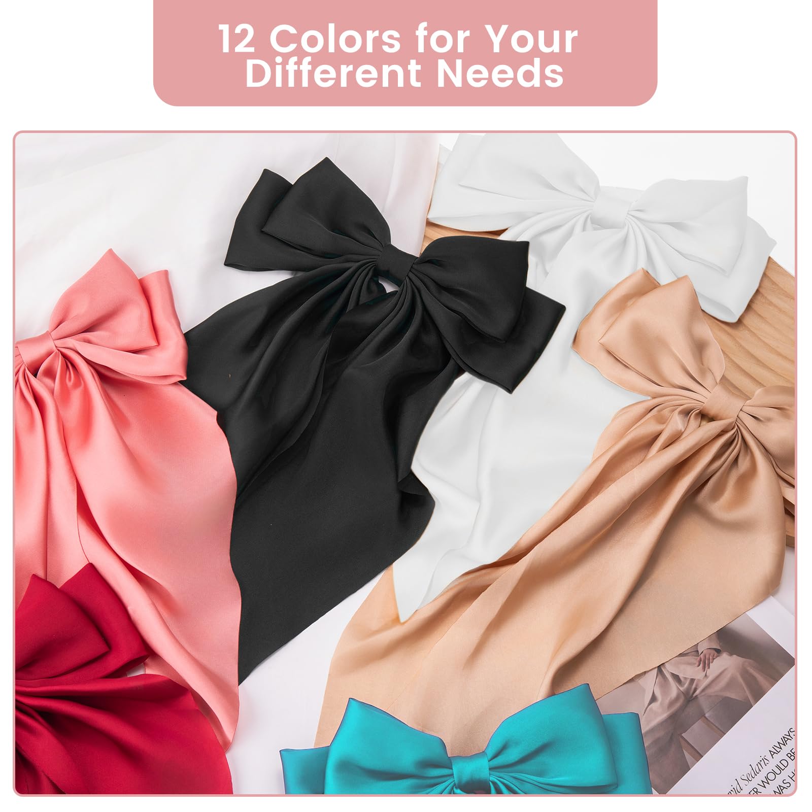 TUBIAN 10 lazos grandes de satén para el cabello para mujeres y niñas, pinzas para el pelo de cola larga, cintas de gran tamaño, pasadores de lazo para cabello grueso y fino, accesorios elegantes para