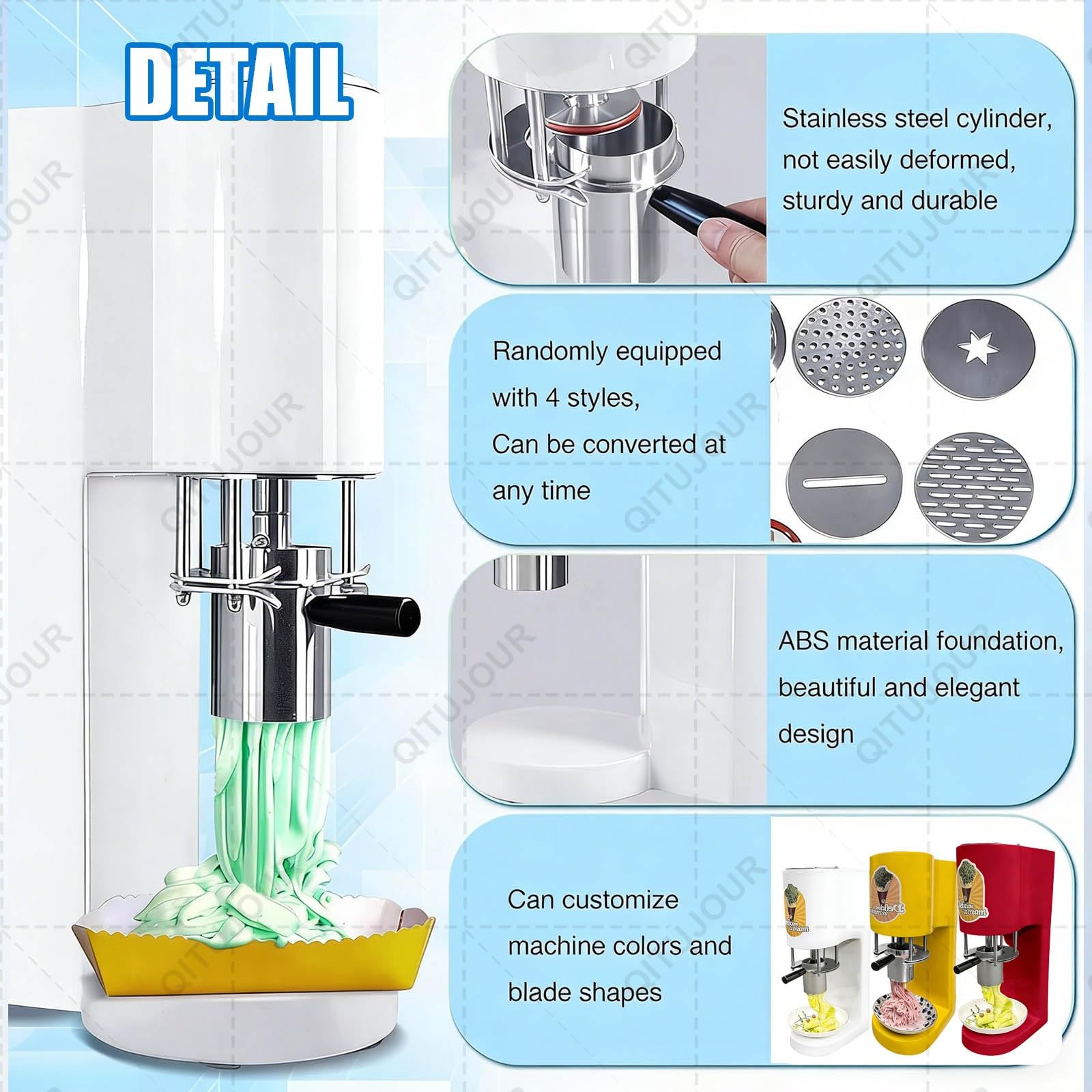 Macchina per Gelato a Forma Di Spaghetti, Con 4 Stampi Intercambiabili, Design Salvaspazio, Funzionamento Con Un Solo Tocco, Facile Da Pulire, Macchina Professionale per Dessert Soft Serve(C)