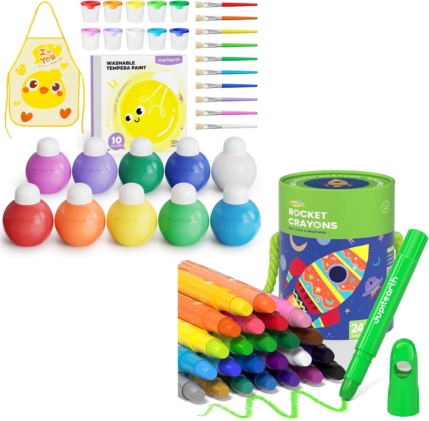 JUPITEARTH 24 Colors Twist Crayons for Toddlers 1-3+10 Colors Washable Tempera Paint Set, 4.06oz(120ml) Non Toxic Finger Paints for Toddlers and Kids