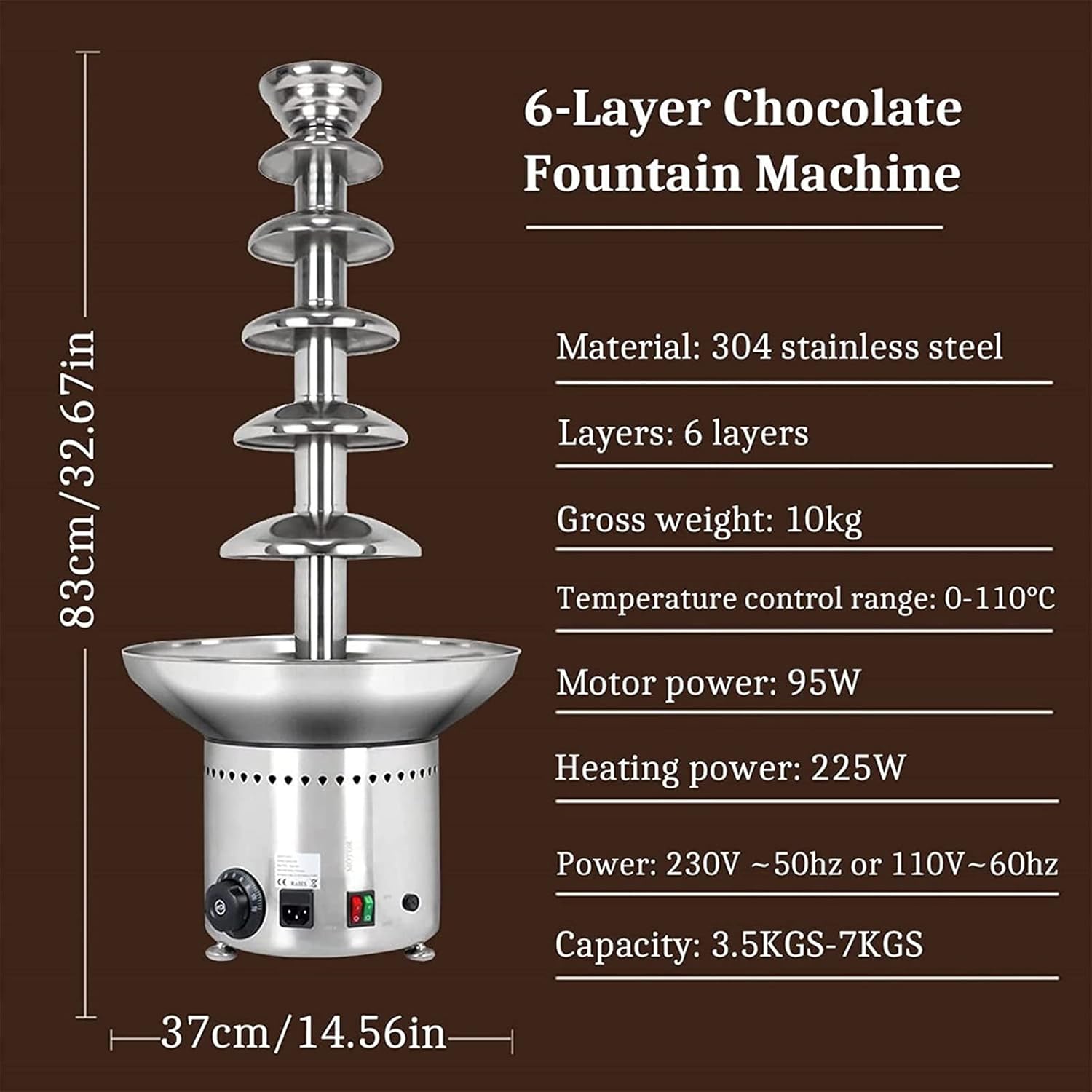 Electric Melting Chocolate Machine Stainless Steel Chocolate Fondue Pot, 6 Tiers Large Capacity Stainless Steel Chocolate Fondue Waterfall/Sauce Melting Pot,