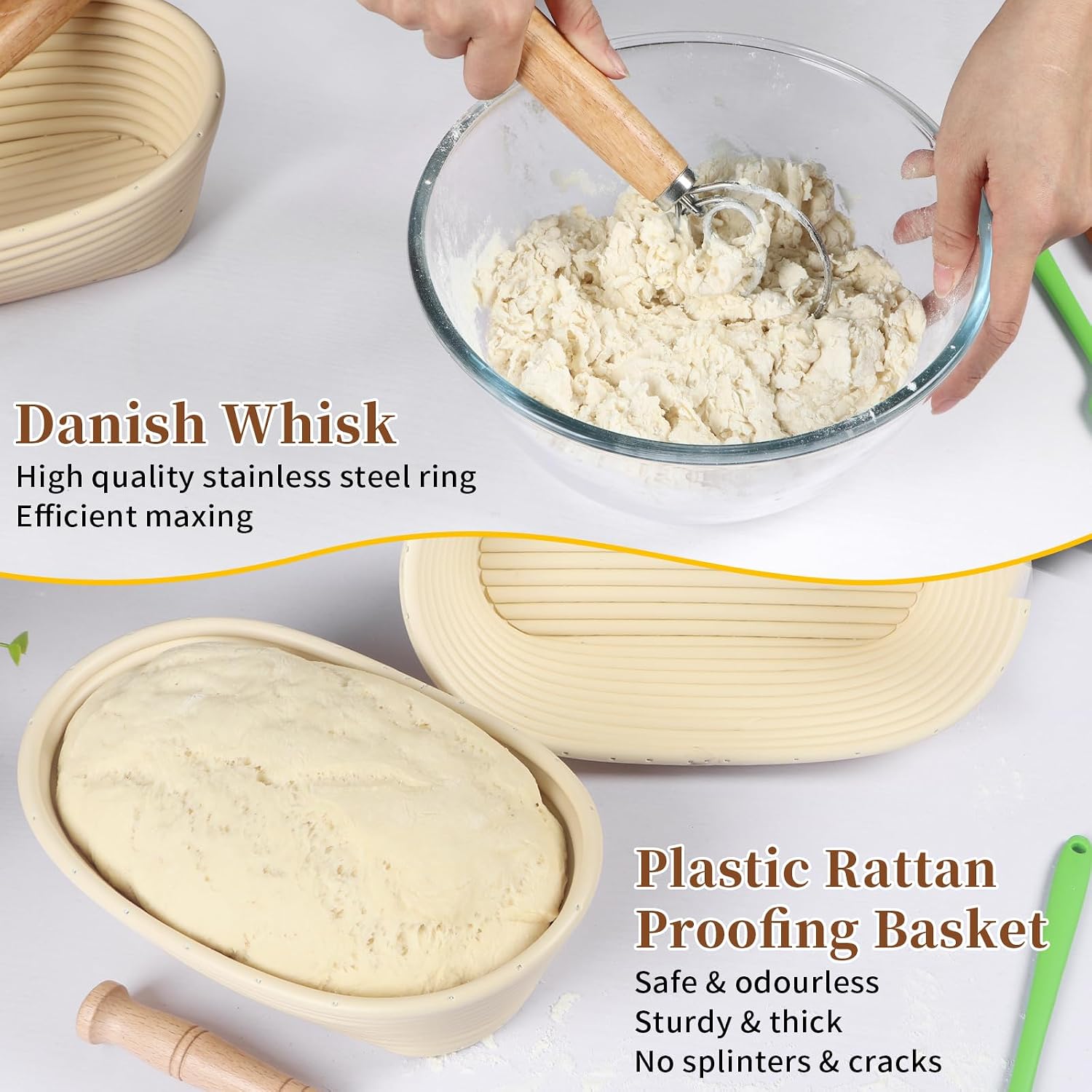 Banneton Bread Proofing Basket Set, 11 Inch Sourdough Proofing Basket and Bread Baking Supplies-Bread Lame, Danish Whisk, Bowl & Dough Scraper, Brush, (Rattan, 10in Round +10in Oval+1 Set Jar Kit)