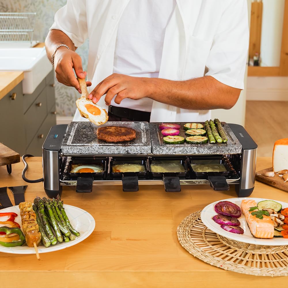 Cecotec Raclette Cheese&Grill 16000 Inox Allstone. 1400 W, 8 Persone, Piastra In Pietra Naturale Antiaderente, Superficie 40 X 22 Cm, 8 Pentole, Termostato Regolabile, Lavabile In Lavastoviglie