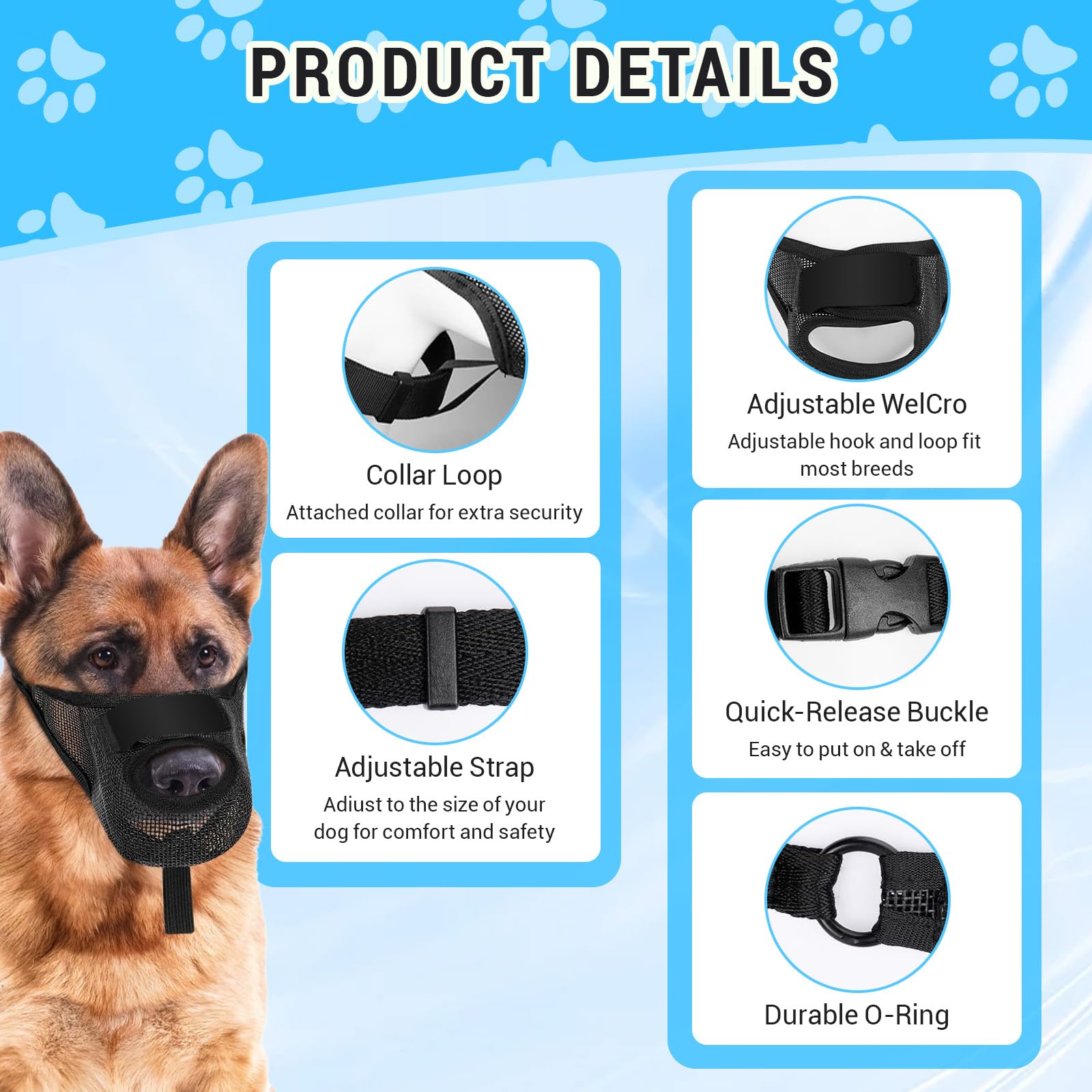 Qiyuda Dog Muzzle, Soft Breathable Adjustable Air Mesh Muzzle Mussel for Small Medium Large Dogs with Front Opening Design Allows Panting Drinking (Black,L)