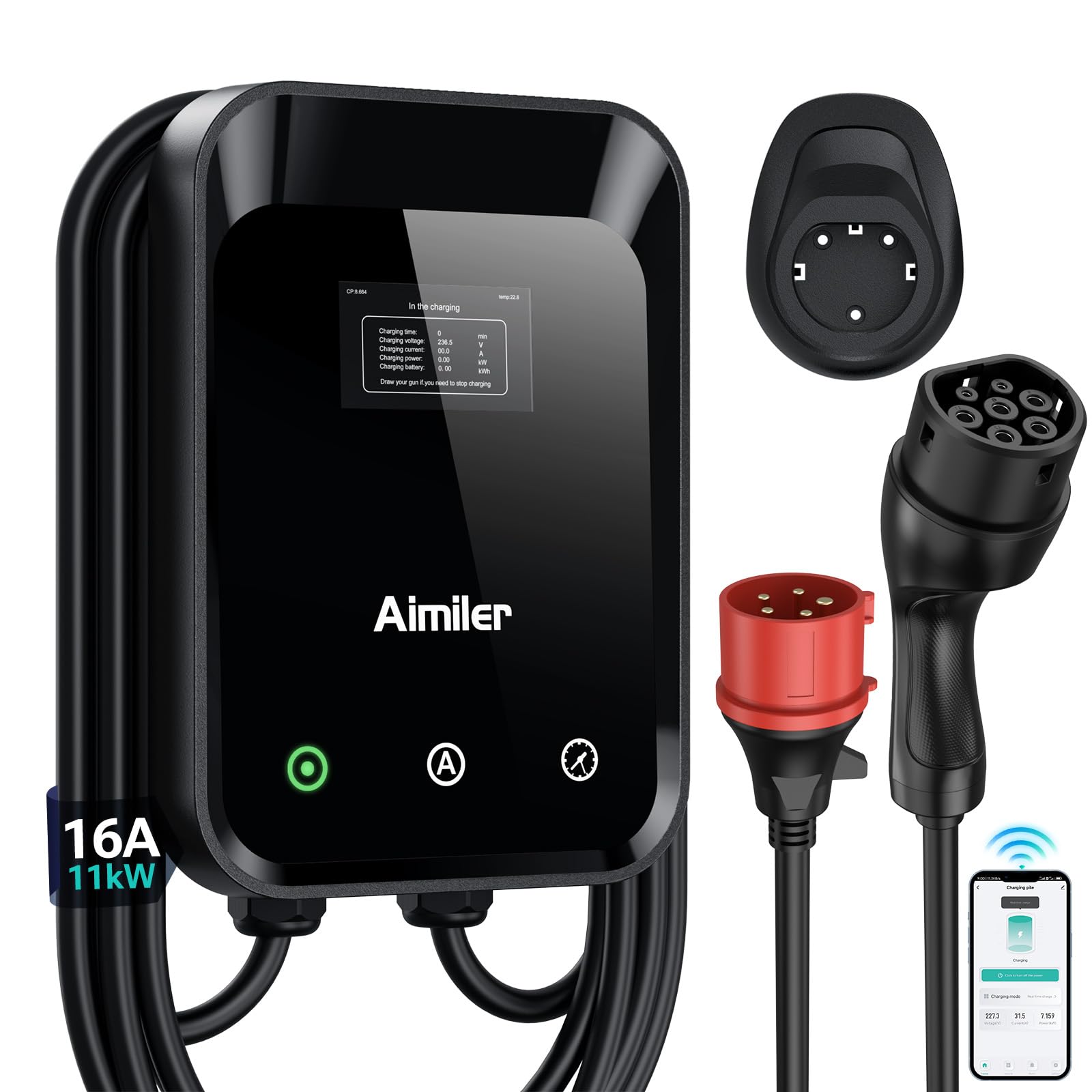 AIMILER Borne de Recharge 11kW Triphasé avec APP, Wallbox 11kW Type 2 Câble 7M, LCD 4.3", IP66, RCBO Type A 30mA+6mA DC, CE+TÜV, Minuterie & Départ Différé, pour Véhicules Électriques (BEV/PHEV)