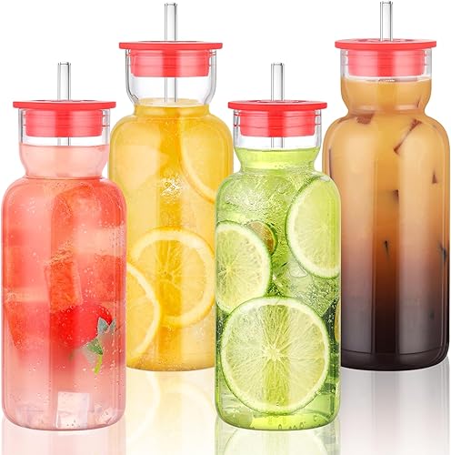 Miniatura 12 de Tazas de vidrio CWHHRN de 17 oz con tapa y pajita, vaso de vidrio con pajita y tapa, vajilla vintage de vidrio para whisky, cóctel, cerveza, jugo, 3