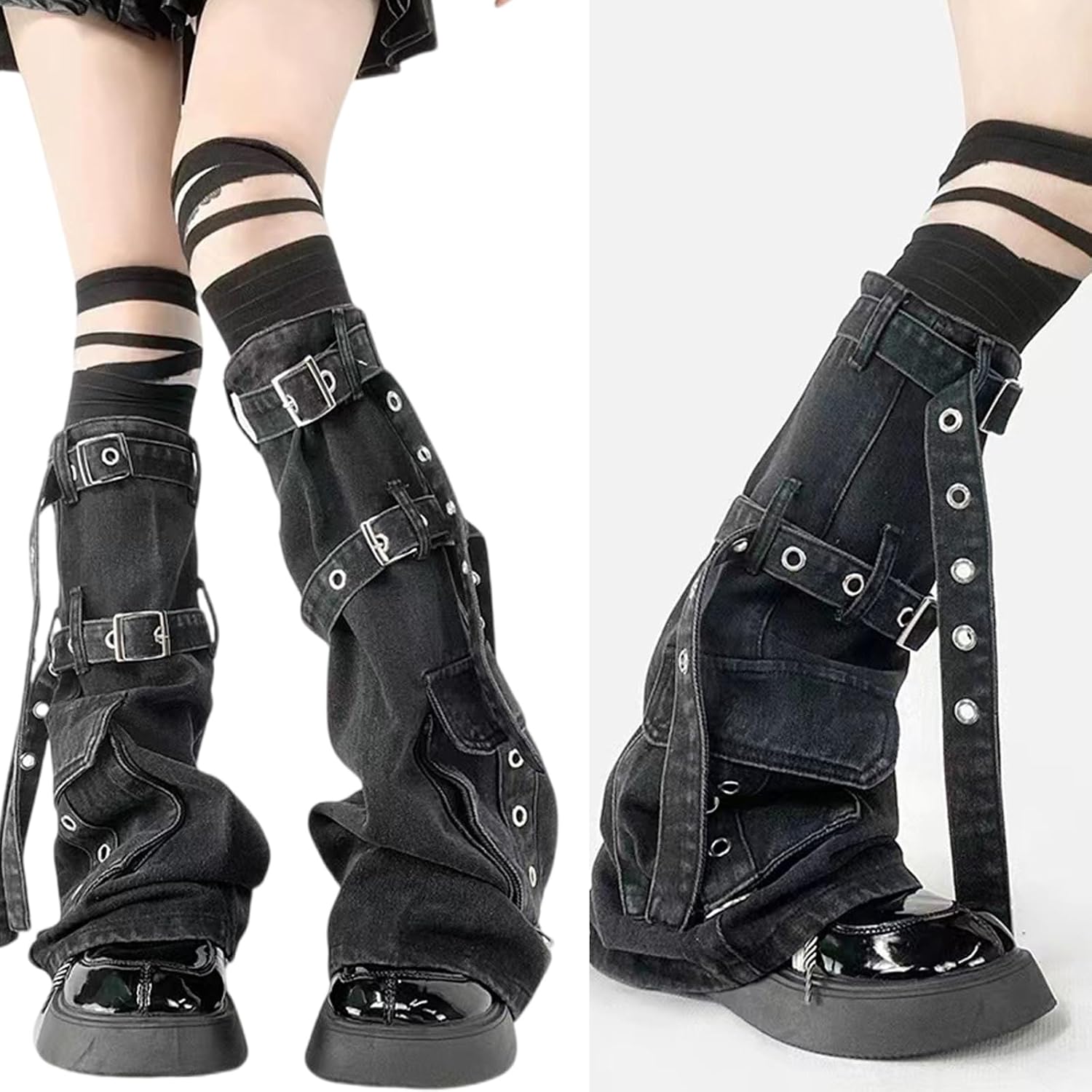 Punk Cargo Denims Leg Warmer with Metal Buckled and Pockets Boot Cover Knee Highs Flared Stockings for Women Denims