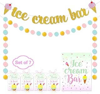 Ice Cream Bar Decorations Kit Gold Glittery Banner Pink & Blue Circle Dots Garland and Ice Cream Sundae Bar Sign for Ice C...