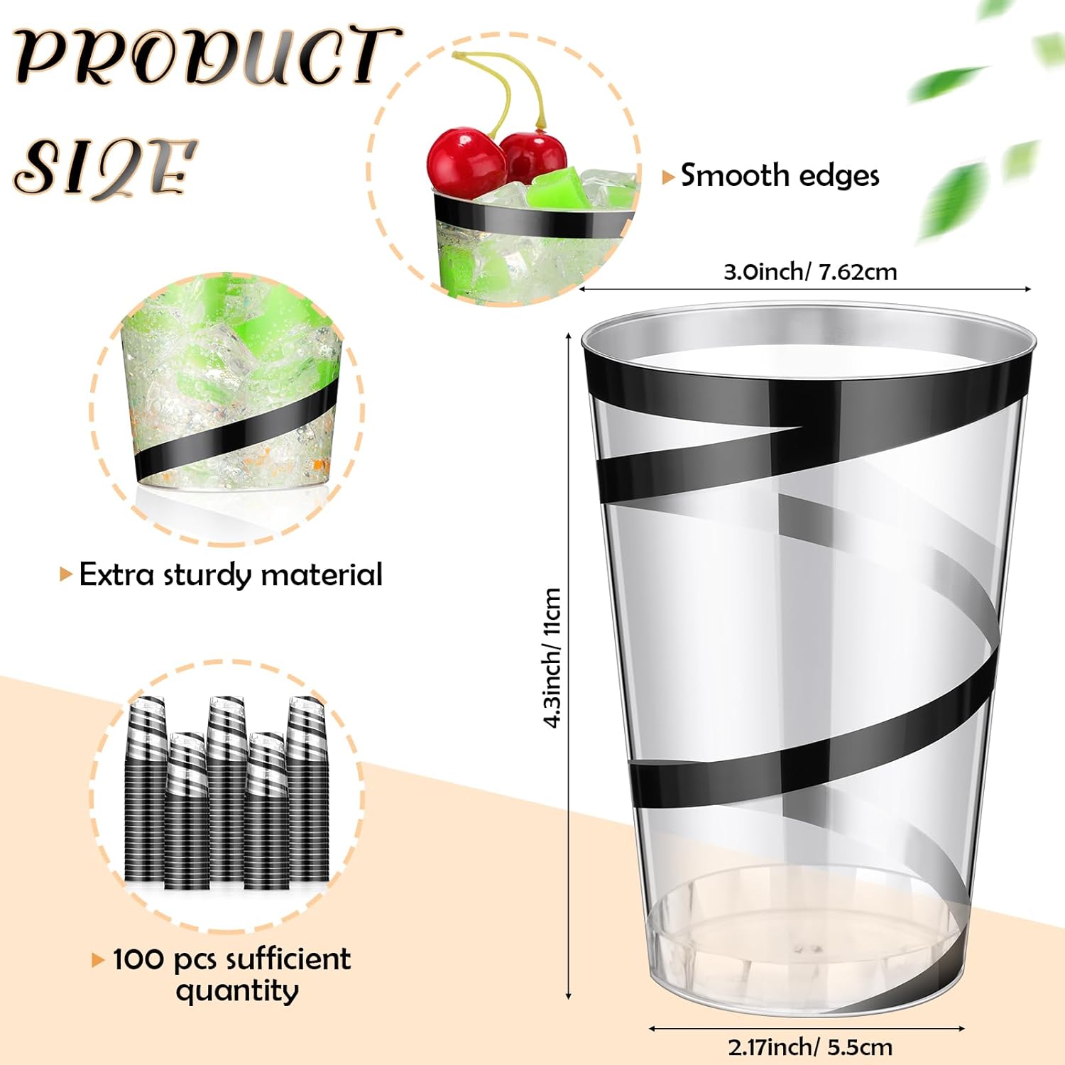 Bokon 100 Pcs 12 oz Rimmed Swirl Clear Plastic Cups with Rim Fancy Disposable Tumblers Cups Plastic Wine Glasses Elegant Wedding Tumblers for Party Holiday(Black Swirl)