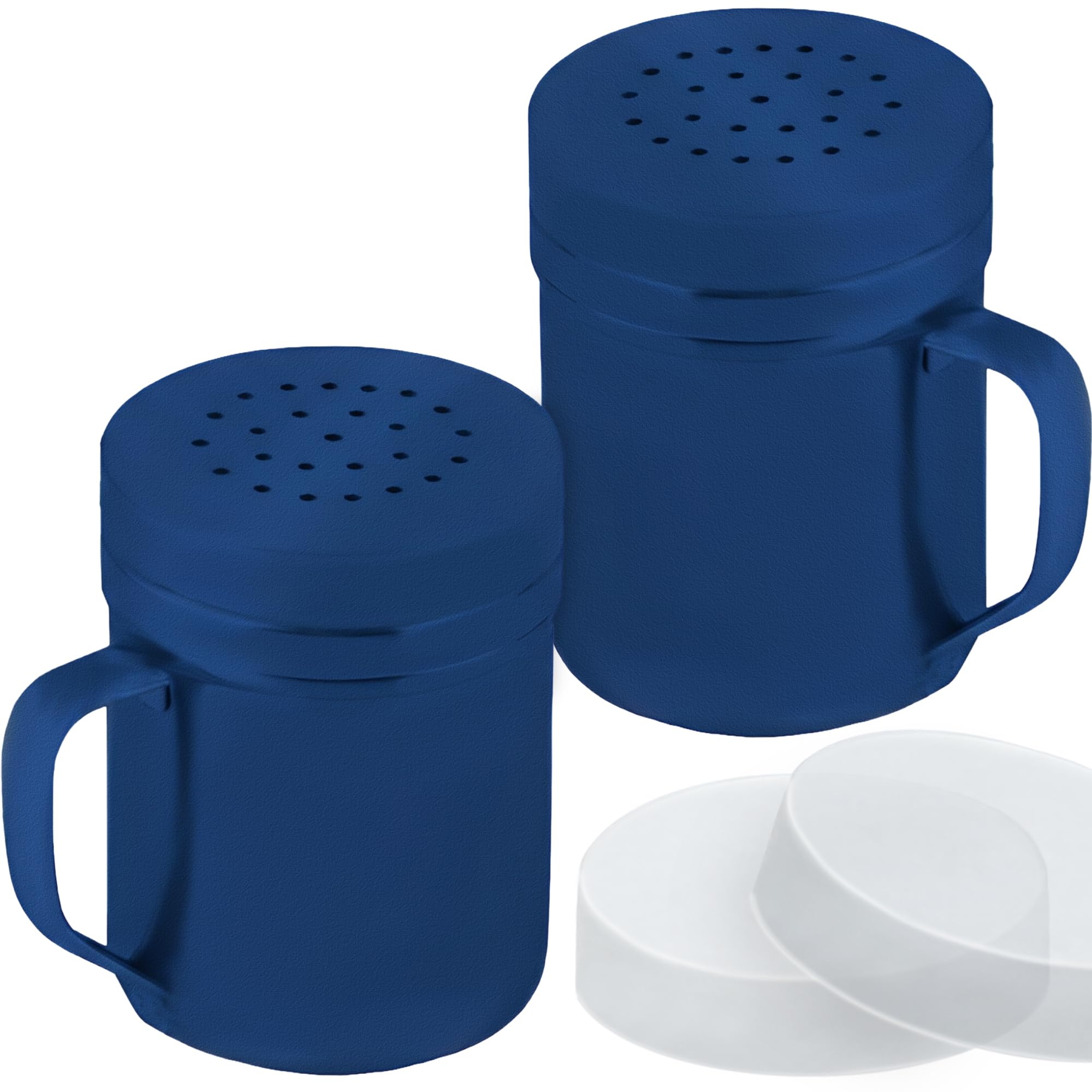 CUSINIUM 6oz Navy Blue Stainless Steel Salt Pepper Dredge Shakers - With Plastic Cap - With Handle - Pack of 2