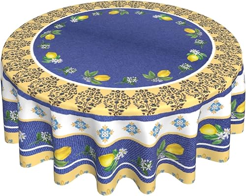 Miniatura 2 de Mantel redondo amarillo y azul de 60 pulgadas, para primavera y verano, color limón, lavable, color azul marino, para cocina, comedor, vacaciones,