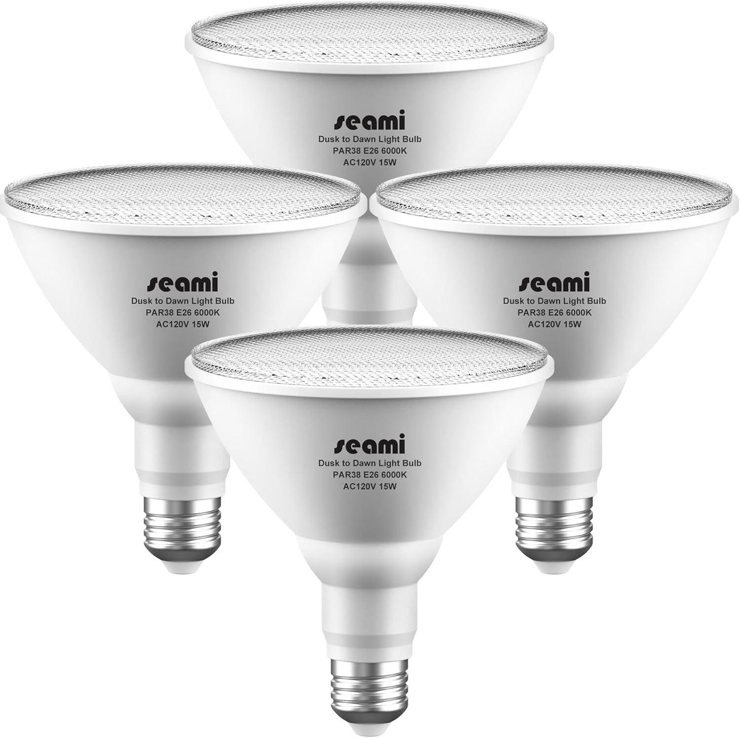 PAR38 Dusk to Dawn Sensor LED Light Bulb,15W(150W Equivalent),6000K Daylight,Auto On/Off Outdoor Security E26 Base Flood Light Bulbs, 4-Pack