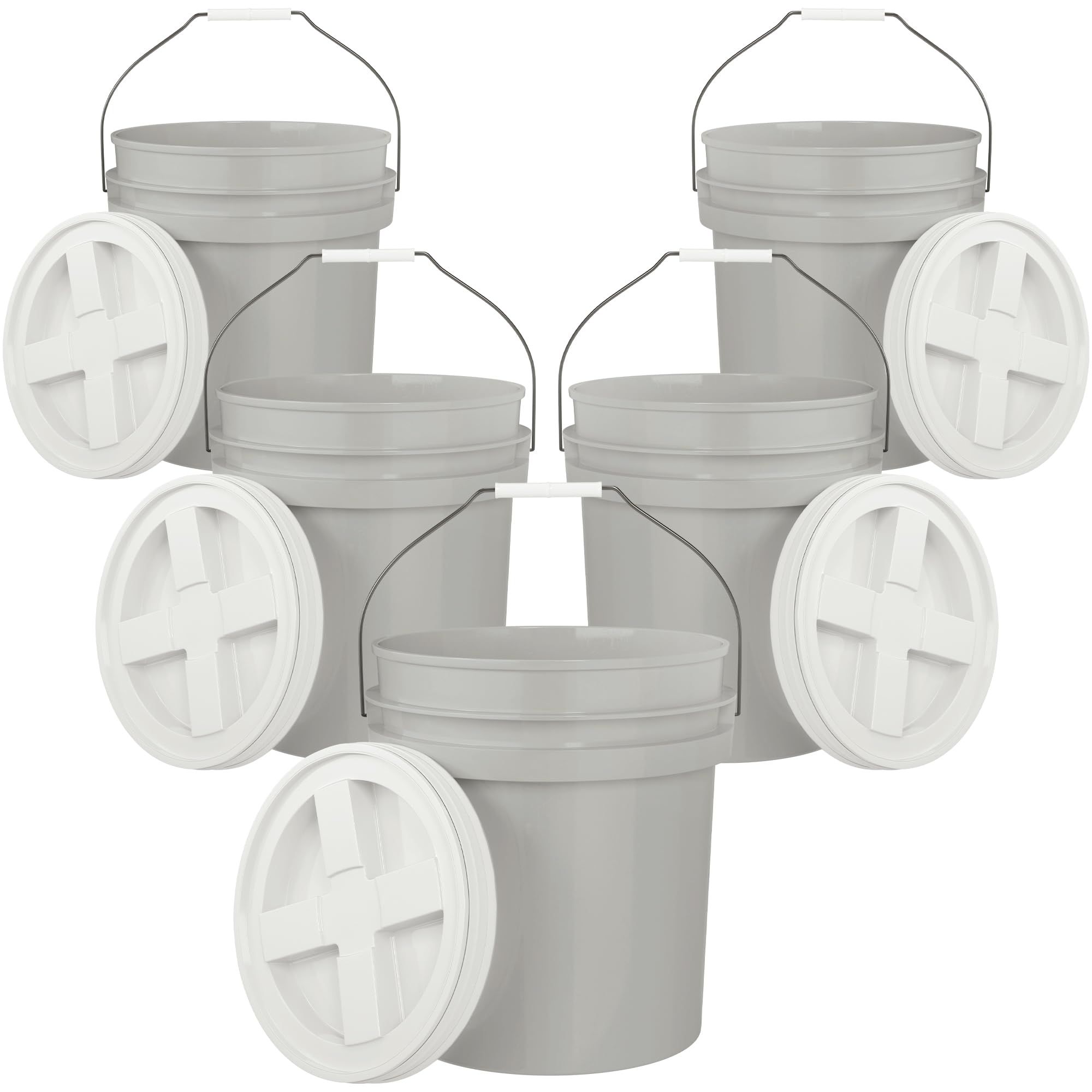 5-Gallon Grey Bucket Pail with Gamma Seal Screw on Airtight Lid, Metal Handles with Plastic Grip for Easy Carrying, Easy Stack and Store, Heavy-Duty 90MIL Extra Durable, Food Grade, BPA Free - 5 Pack