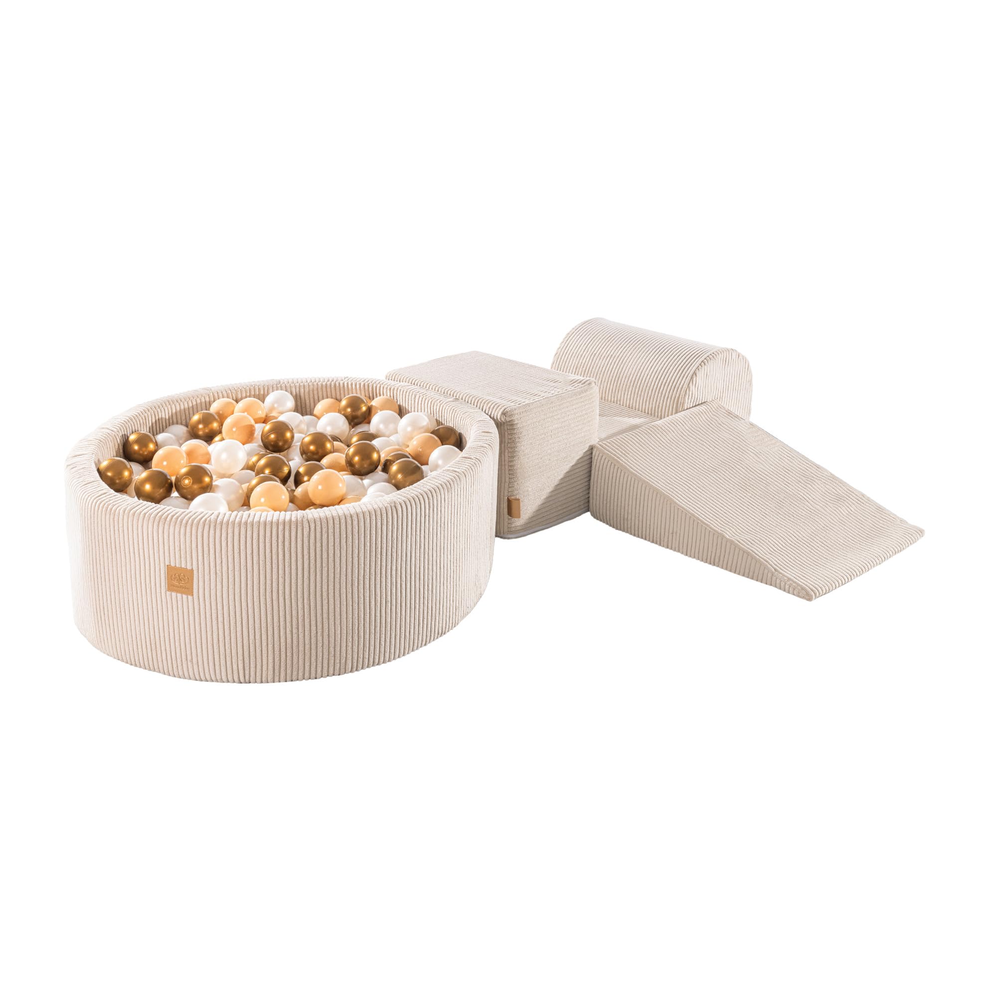 MEOWBABY Aire de jeux en mousse avec piscine à balles 240 x 45 cm – Kit de jeux mousse avec 200 balles pour enfants, velours, écru : doré/beige/blanc/transparent