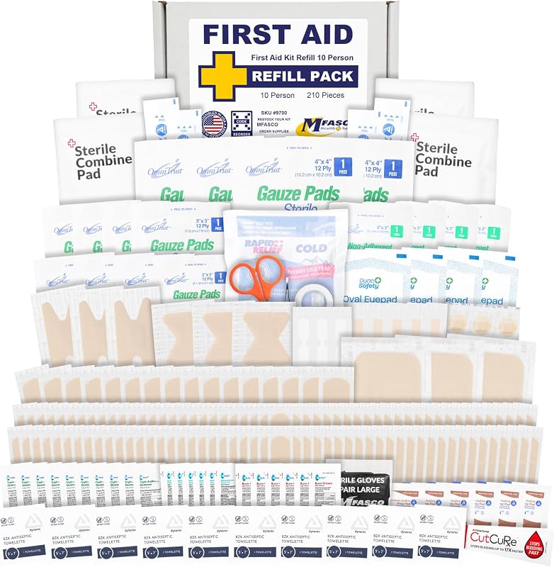 MFASCO First Aid Kit Refill with Bandages, Gauze & Wipes, 200+ Pieces | Restock small and medium first aid kits with essential first aid supplies for everyday emergencies. Assembled in the USA